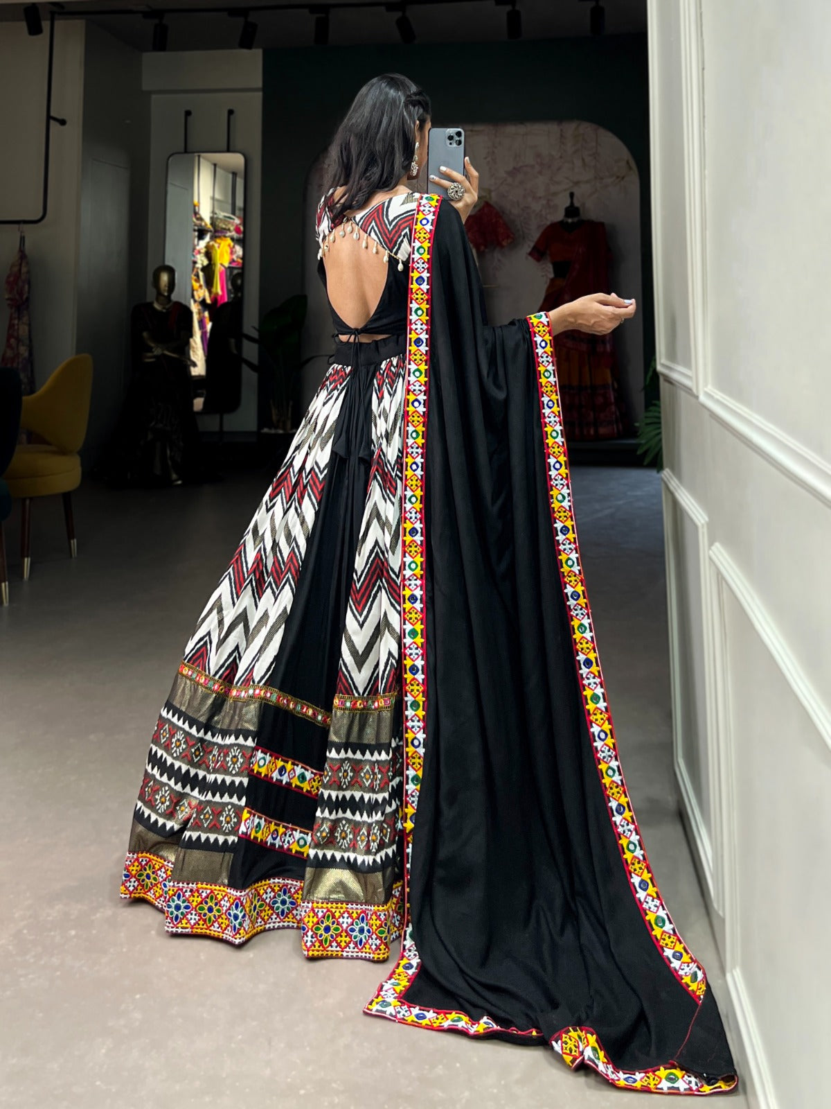 Lorenvalley Black Rayon With Printed Silk Original Mirror Gamthi Work Lehenga Choli With Dupatta | Swadesiicart