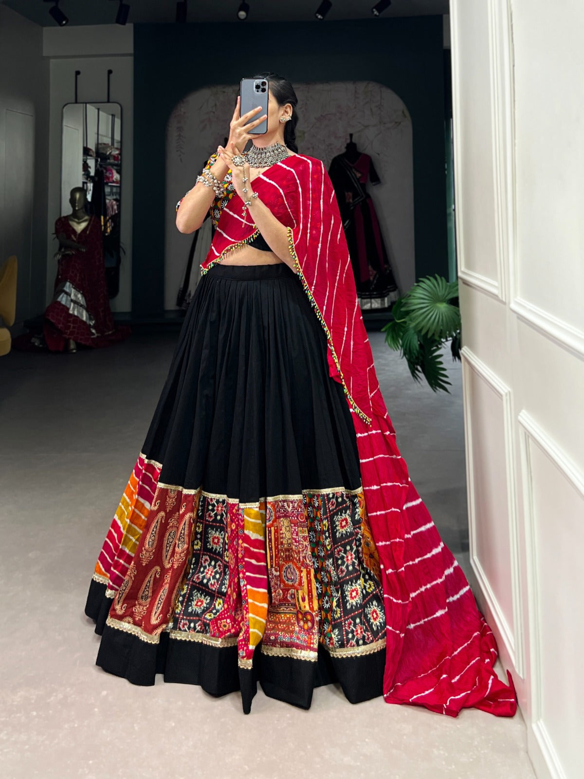 Lorenvalley Black Pure Rayon with Plain And Printed With Original Mirror Gamthi Work And Lace Touch Up Lehenga Choli | Swadesiicart