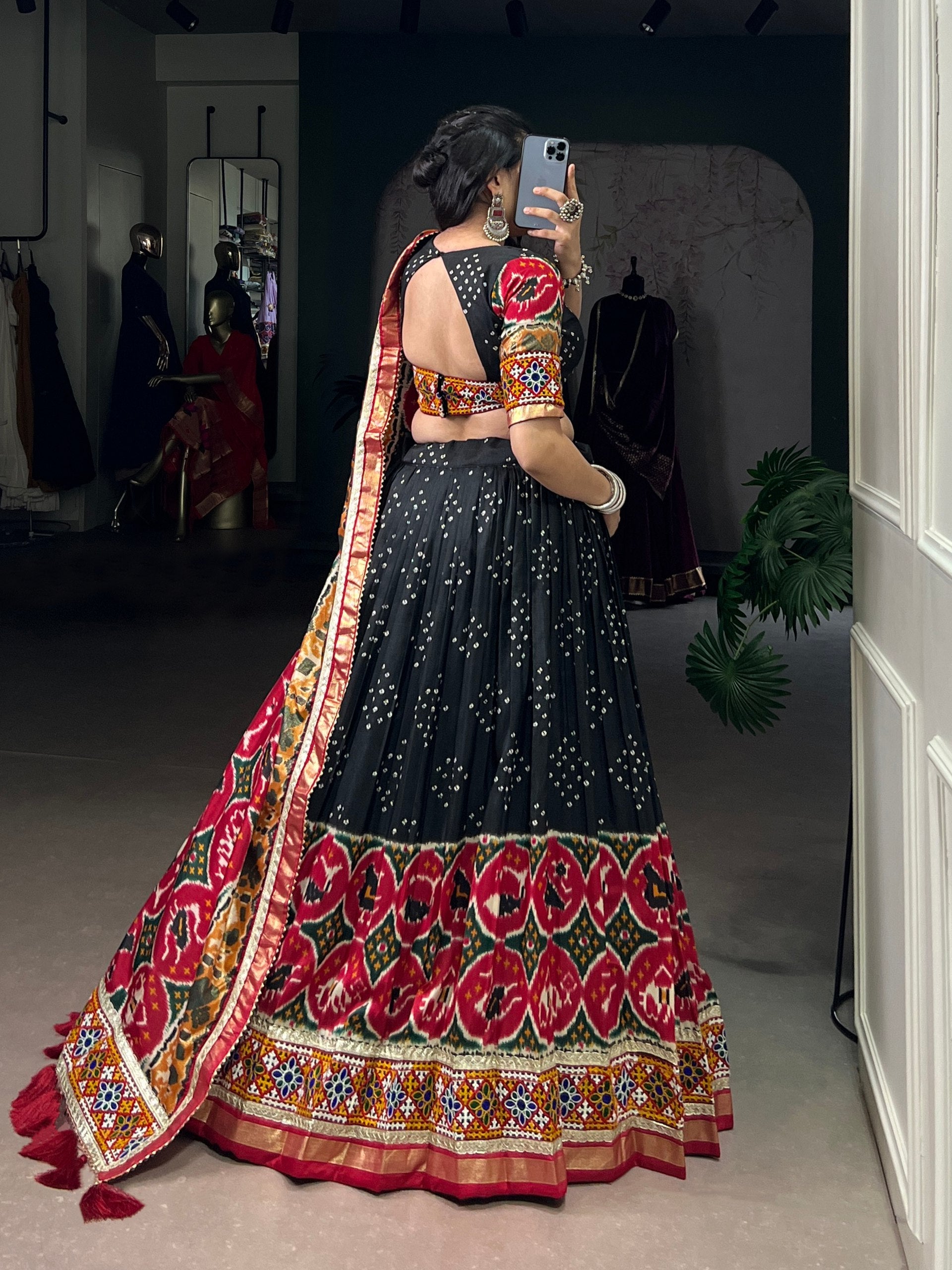 Lorenvalley Fashion Black Tasar Silk Print with Foil Work and Real Mirror Gamthi Work with Lace Touch Up Lehenga Choli with Dupatta | Swadesiicart