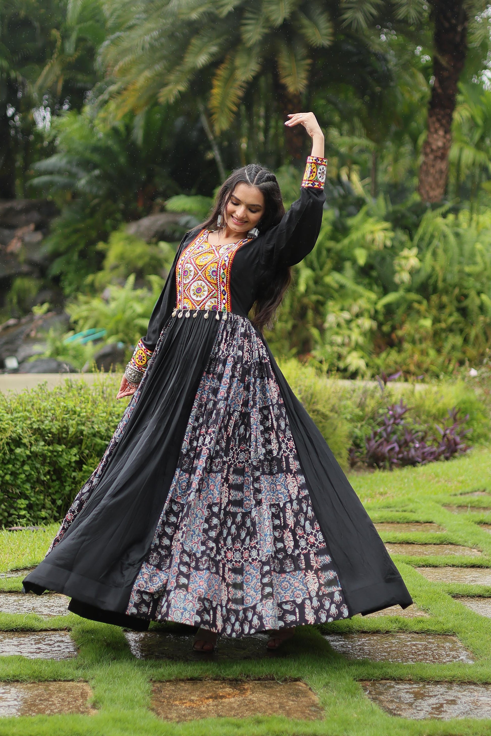 Lorenvalley Black Rayon Contrast of Printed with Kutchi Gamthi work Gown | Swadesiicart