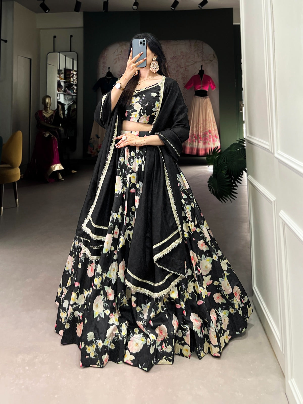 Lorenvalley Black Tussar Silk Floral Printed Lehenga Choli | Swadesiicart
