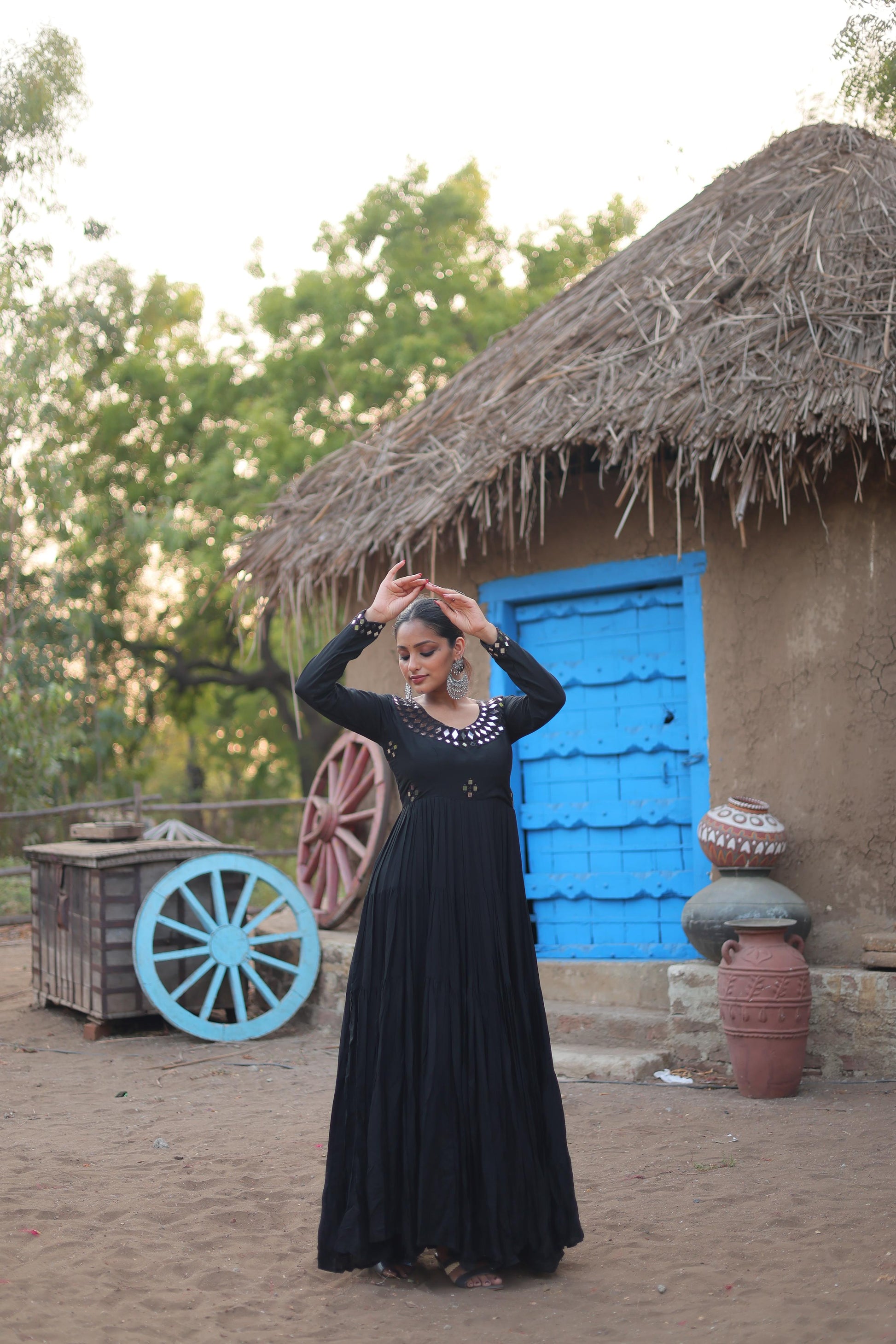 Lorenvalley Black Rayon Fabric With Real Mirror Work Gown | Swadesiicart