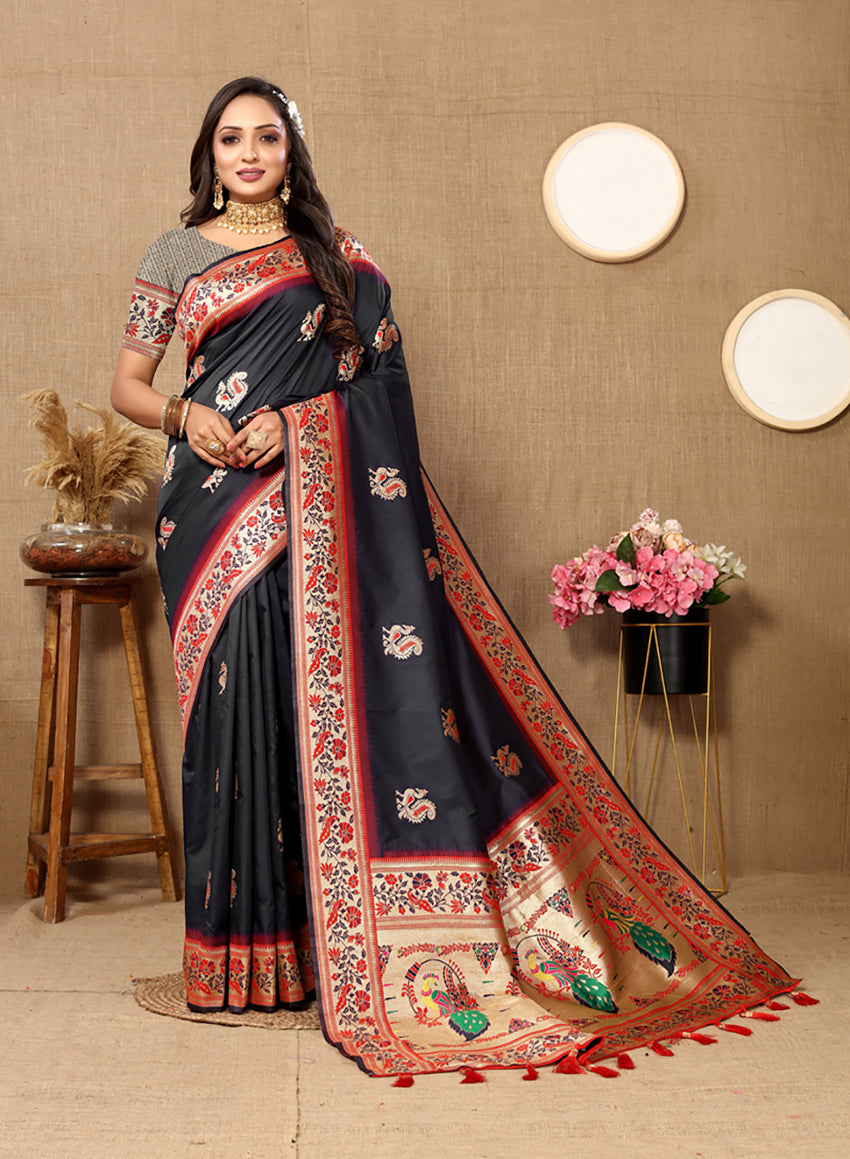 Lorenvalley Fashion Black Soft Paithani Silk Woven Design Rich Meenakari Zari Weaving Pallu Saree - Swadesiicart