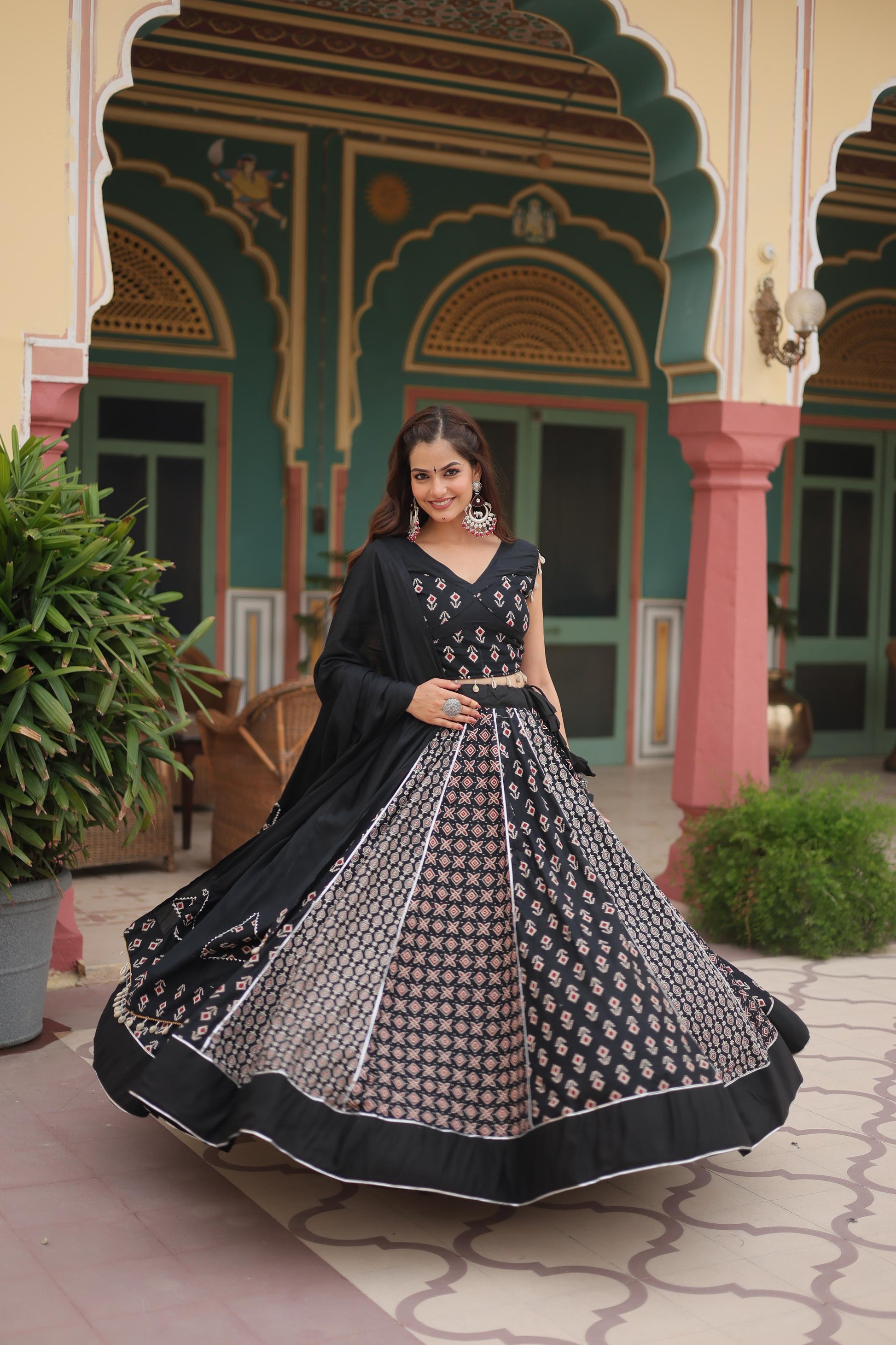 Lorenvalley Black Rayon Gota Patti Lace Printed Kali Pattern Lehenga Choli with Dupatta | Swadesiicart