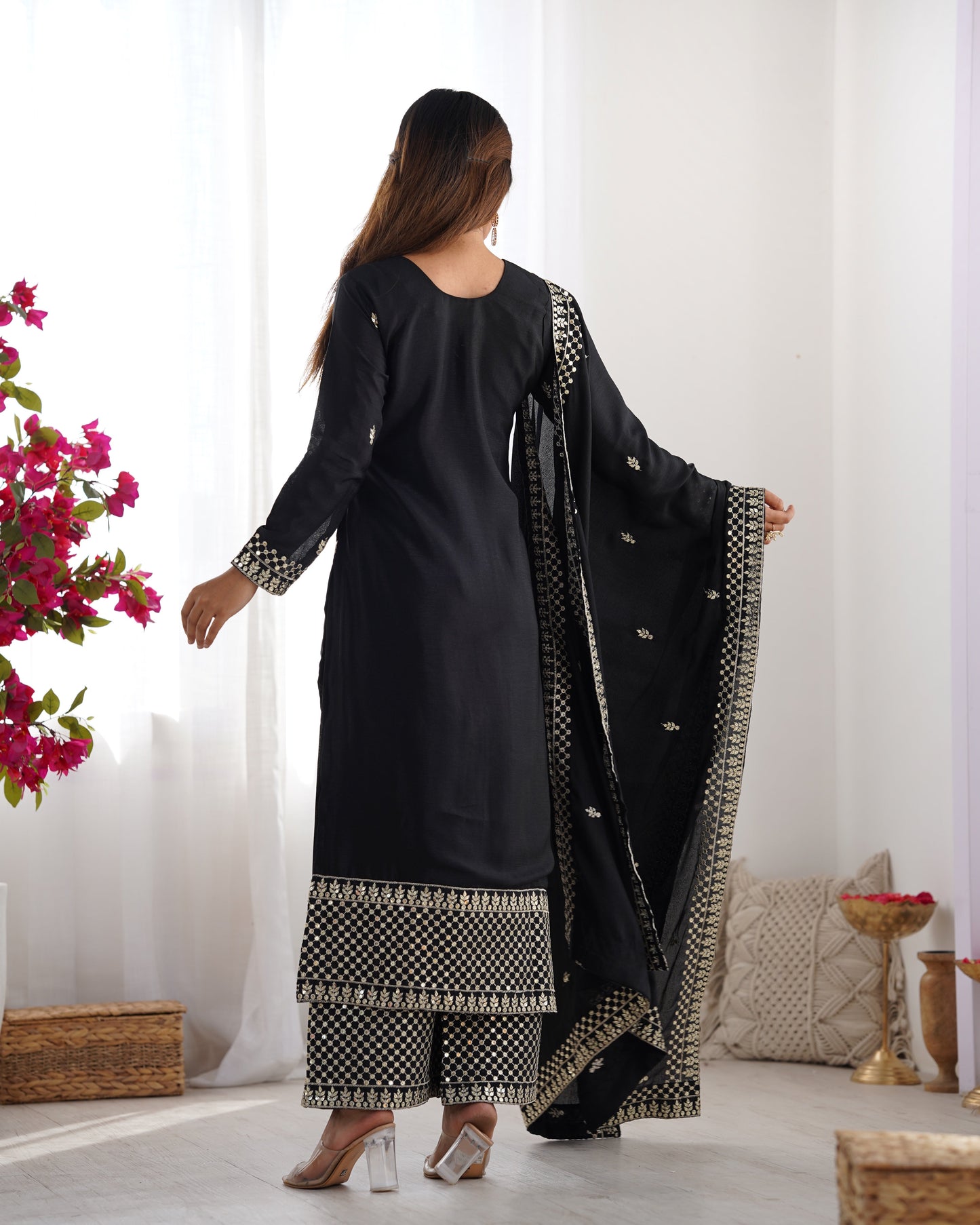 Lorenvalley Black Chinon Silk Embroidery Sequence and Jari Work Kurta Trousers with Dupatta Set | Swadesiicart