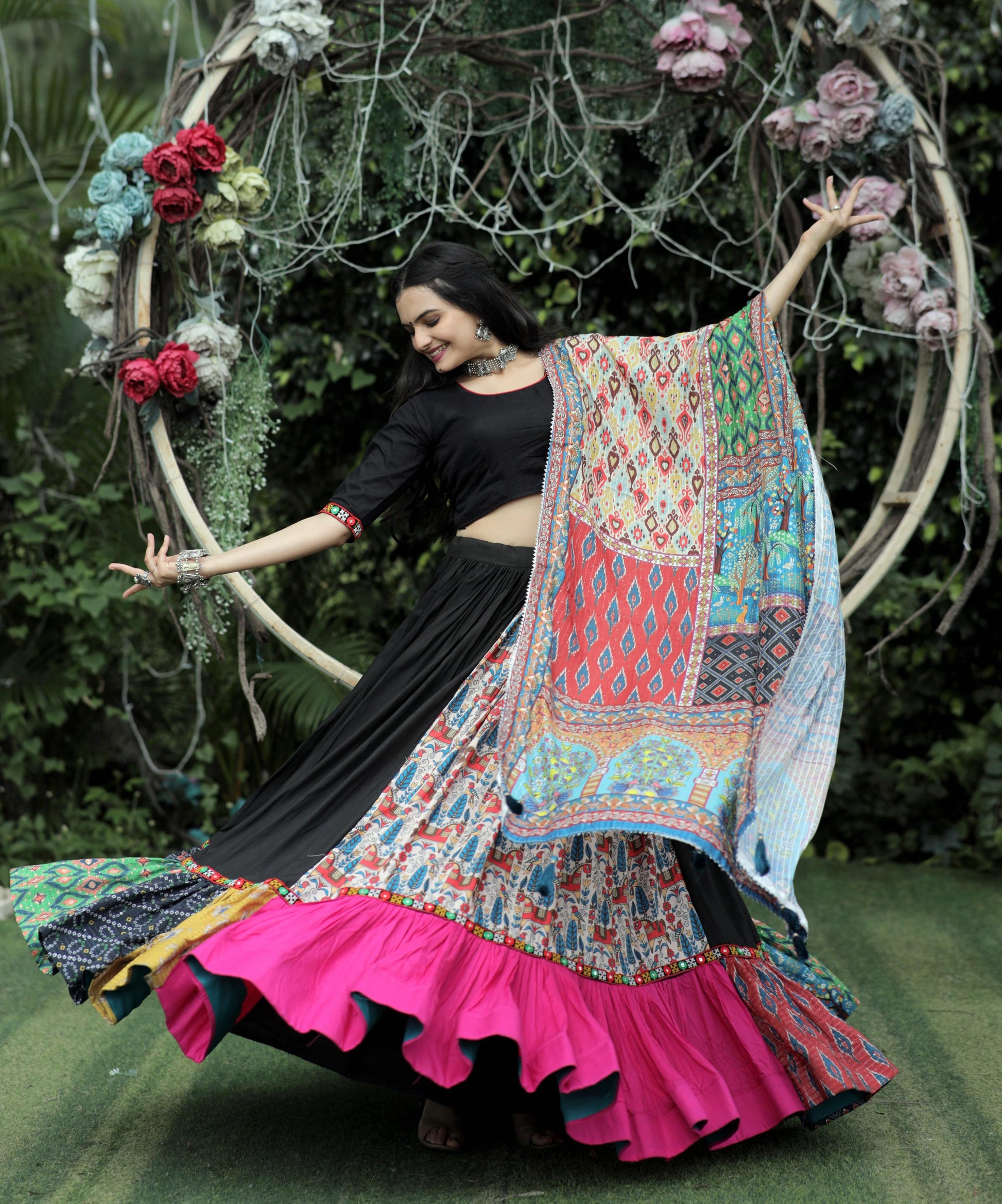 Lorenvalley Black Premium Rayon Lehenga with Choli with Digital Printed with Gotta Patti Lace Border Dupatta Set | Swadesiicart