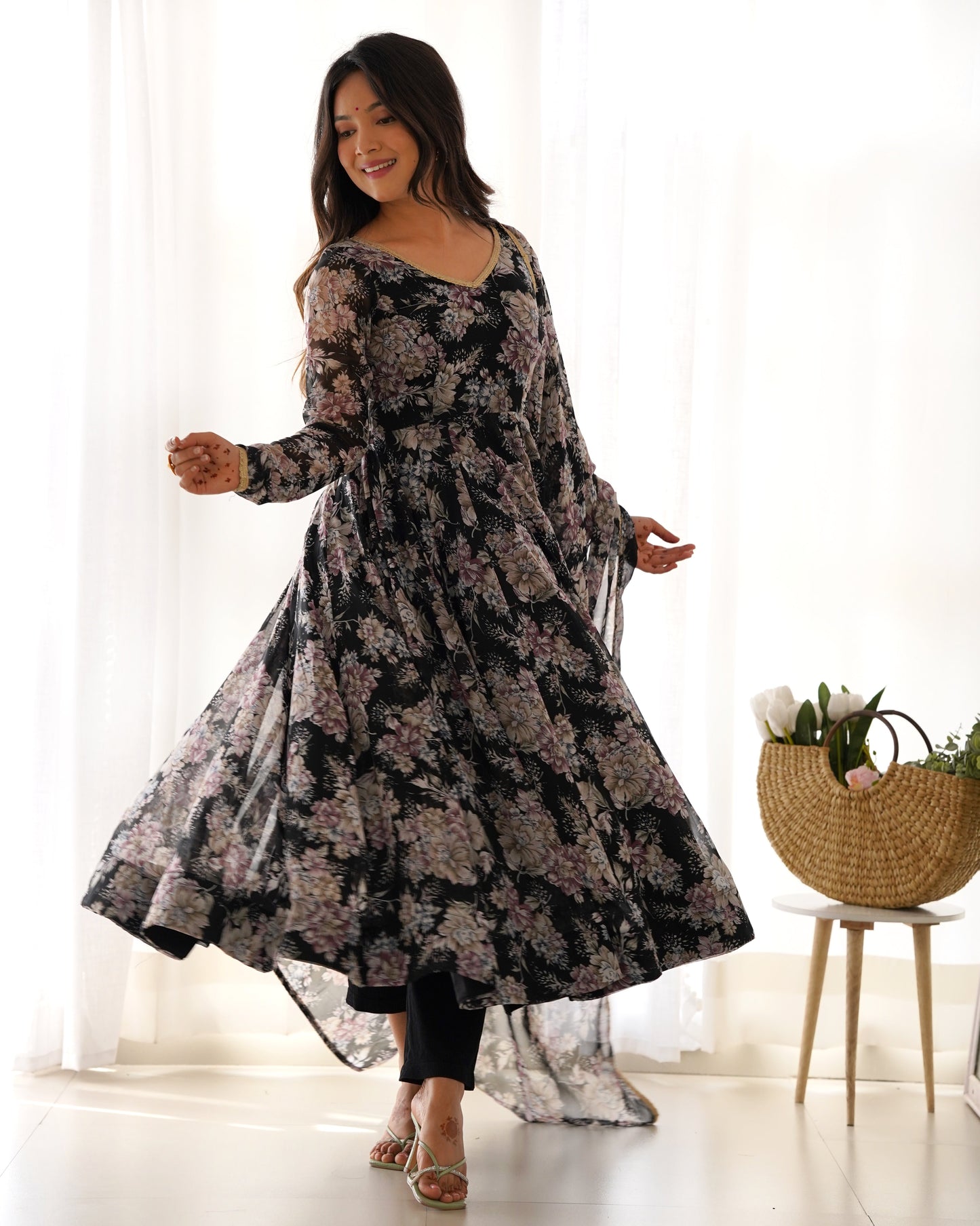 Lorenvalley Pure Faux Georgette Multi Floral Print Fully Flared Anarkali Pant With Dupatta Set - Black | Swadesiicart