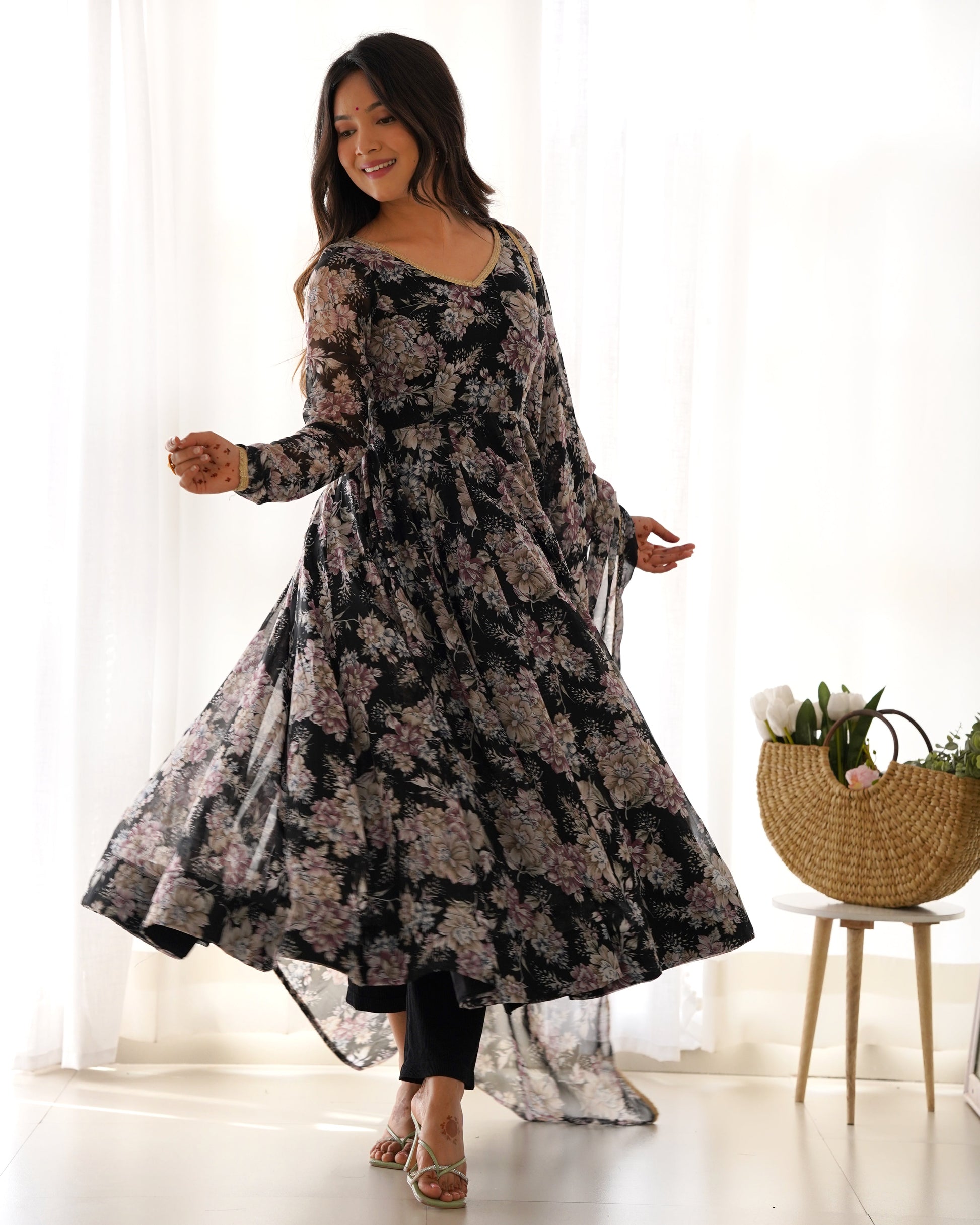 Lorenvalley Pure Faux Georgette Multi Floral Print Fully Flared Anarkali Pant With Dupatta Set - Black | Swadesiicart