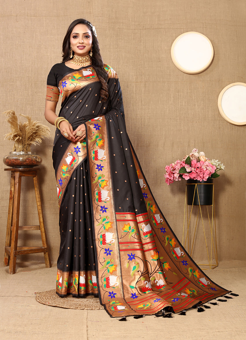 Lorenvalley Fashion Black Soft Paithani Silk Woven Design Rich Zari Meenakari Weaving Saree - Swadesiicart