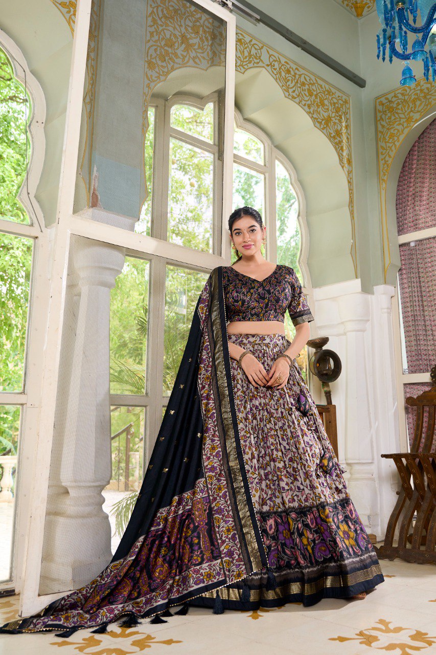 Lorenvalley Black Tussar Silk Floral Print with Foil Print Lehenga Choli with Dupatta | Swadesiicart