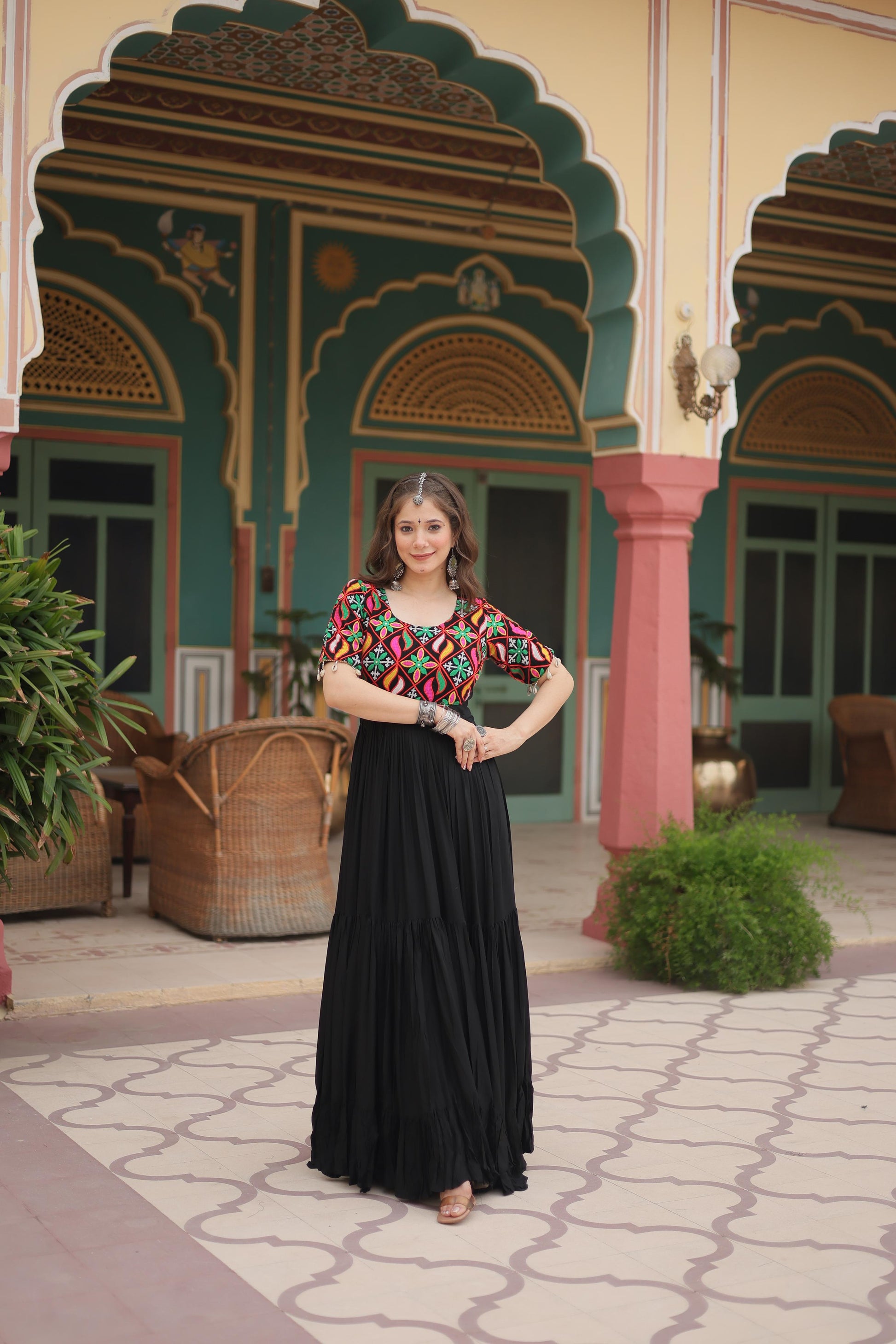 Lorenvalley Black Rayon Fabric with Kutchi Gamthi Kodi work Gown | Swadesiicart