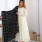 Lorenvalley Fashion White Vichitra Silk Fabric Fully Flared Anarkali Pant With Dupatta Set - Swadesiicart