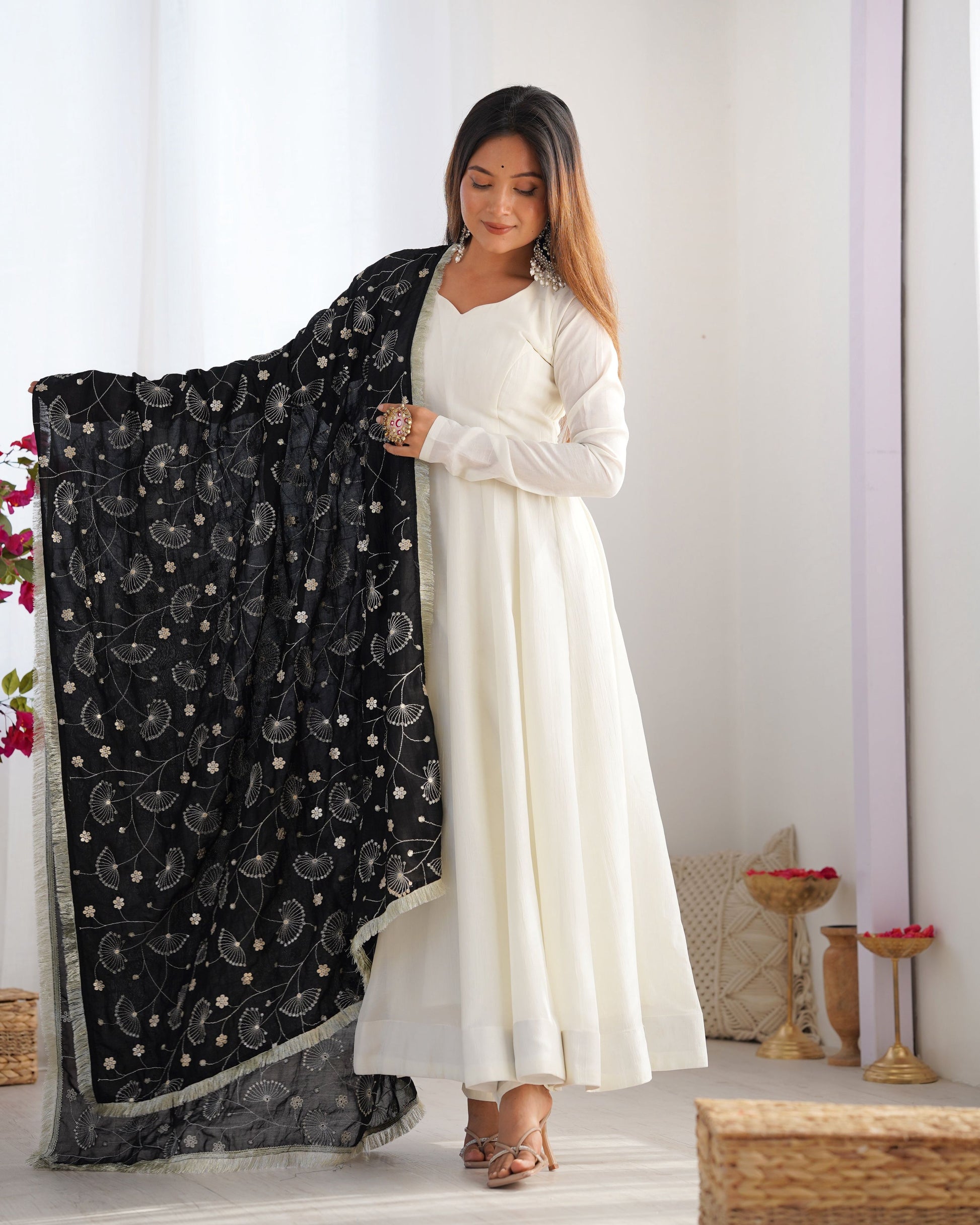 Lorenvalley Fashion White Vichitra Silk Fabric Fully Flared Anarkali Pant With Dupatta Set - Swadesiicart
