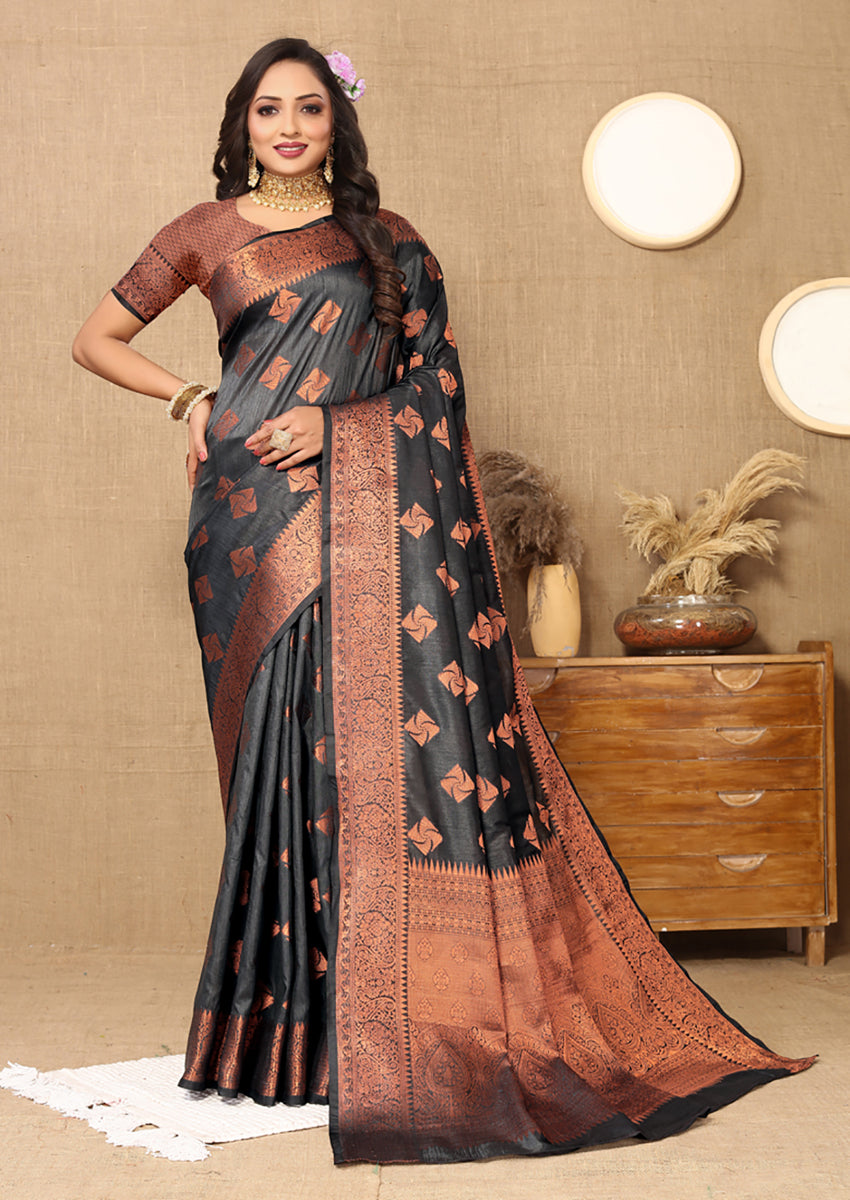 Lorenvalley Fashion Black Soft Katan Silk Woven Design Copper Zari Weaving Saree - Swadesiicart