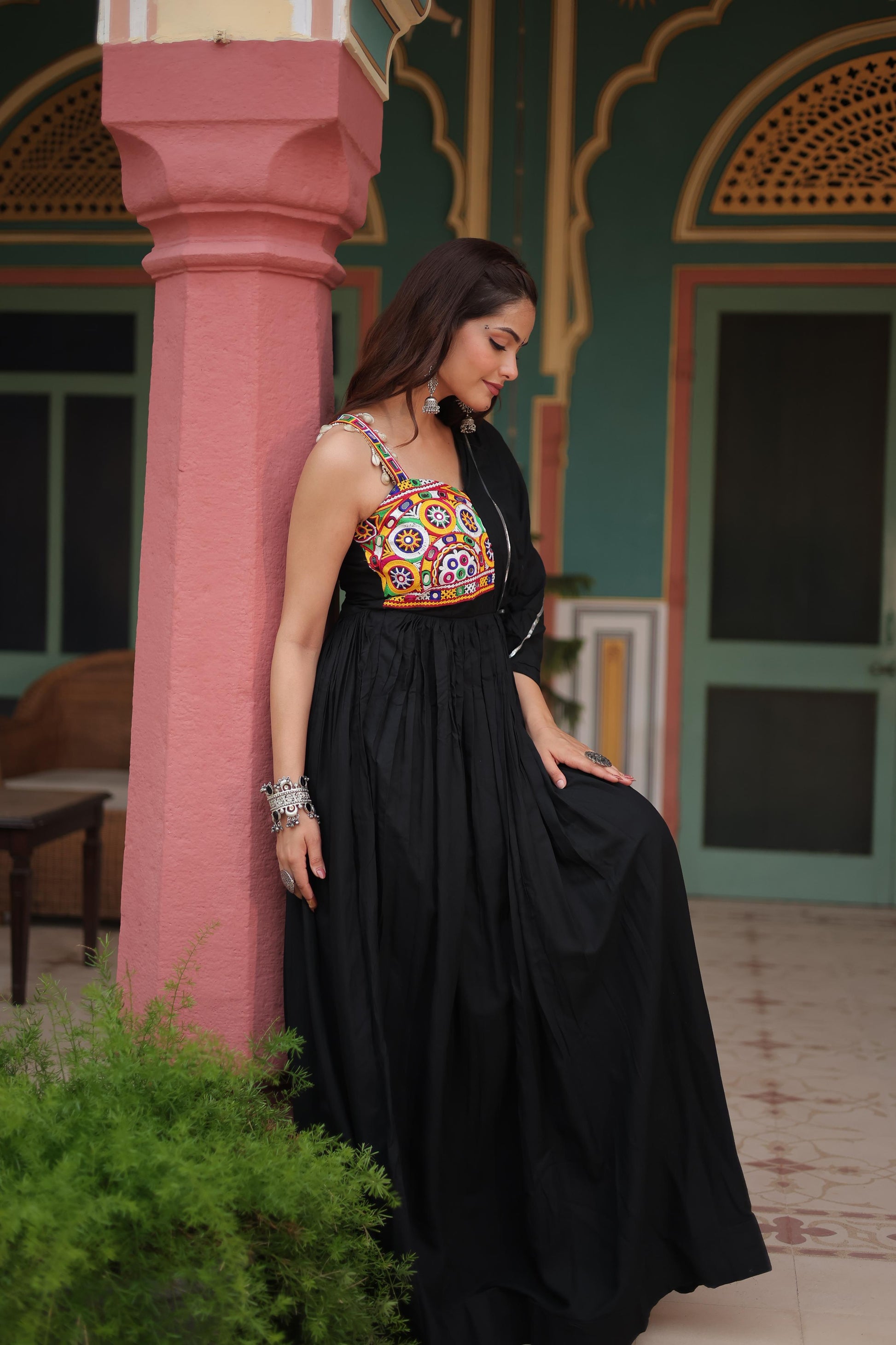 Lorenvalley Black Rayon Fabric with Designer Lace Gown | Swadesiicart