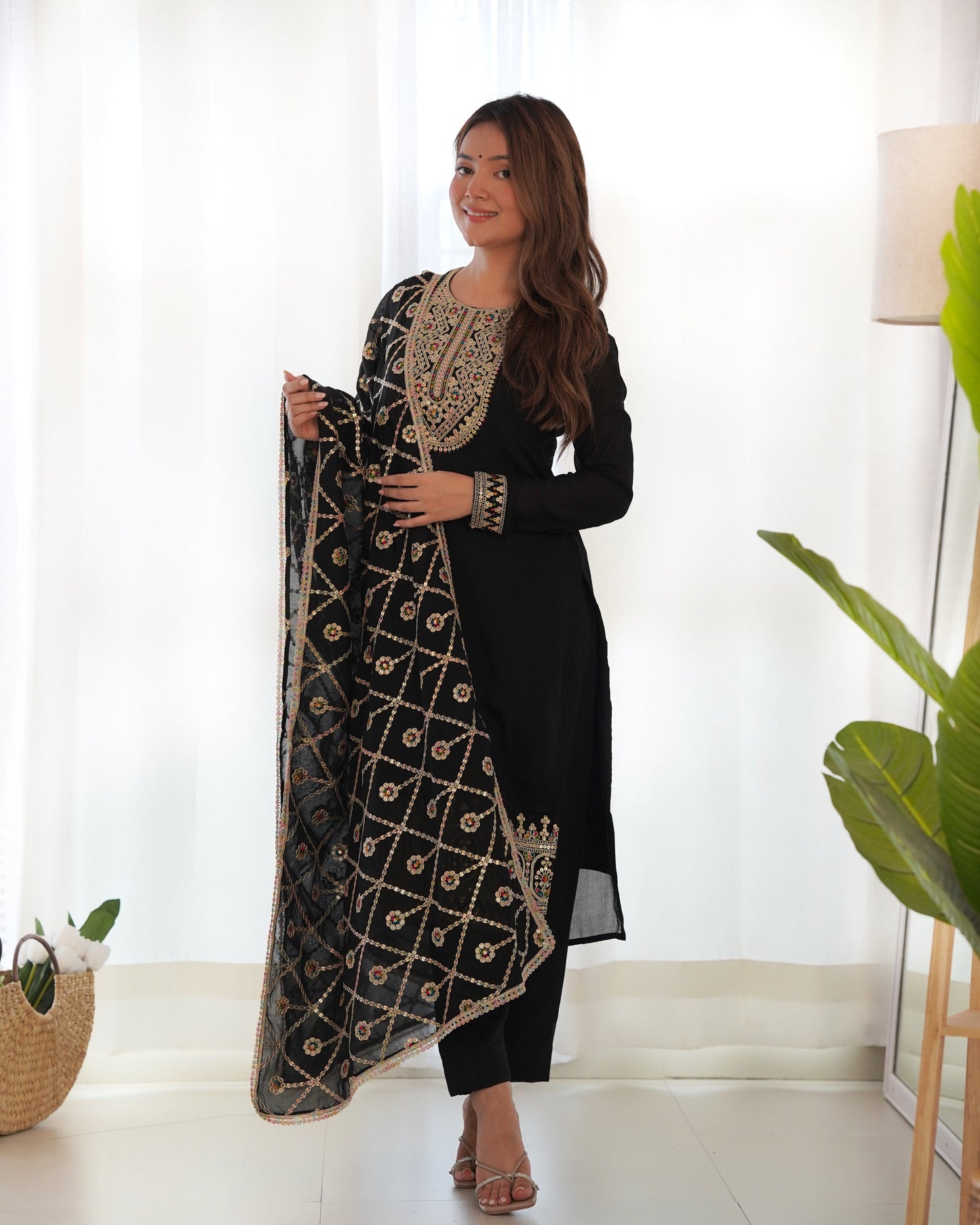 Lorenvalley Black Vichitra Silk Embroidery Sequence and Dori Thread Work Kurta Trousers with Dupatta Set | Swadesiicart