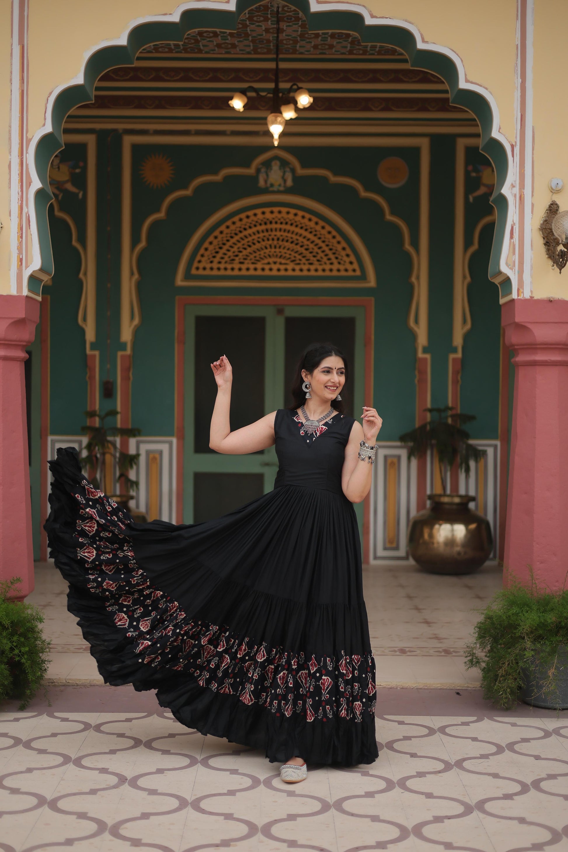 Lorenvalley Black Rayon Fabric with Printed Attached In Frill And Neck Gown | Swadesiicart