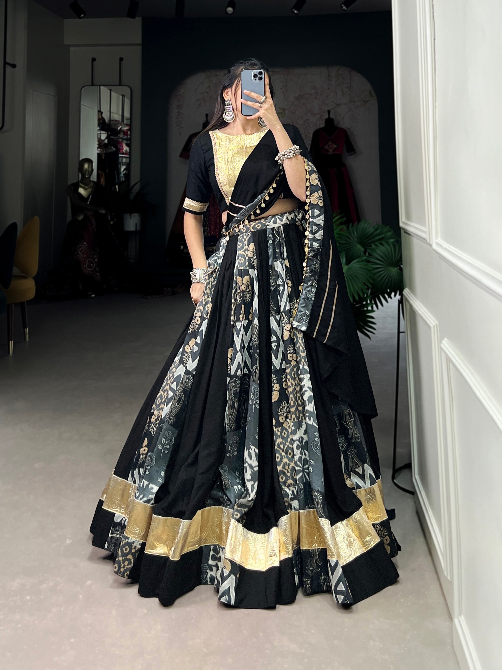 Lorenvalley Black Rayon and Tussar Silk Plain And Printed With Embossed Design Gota Lace Lehenga Choli with Dupatta | Swadesiicart