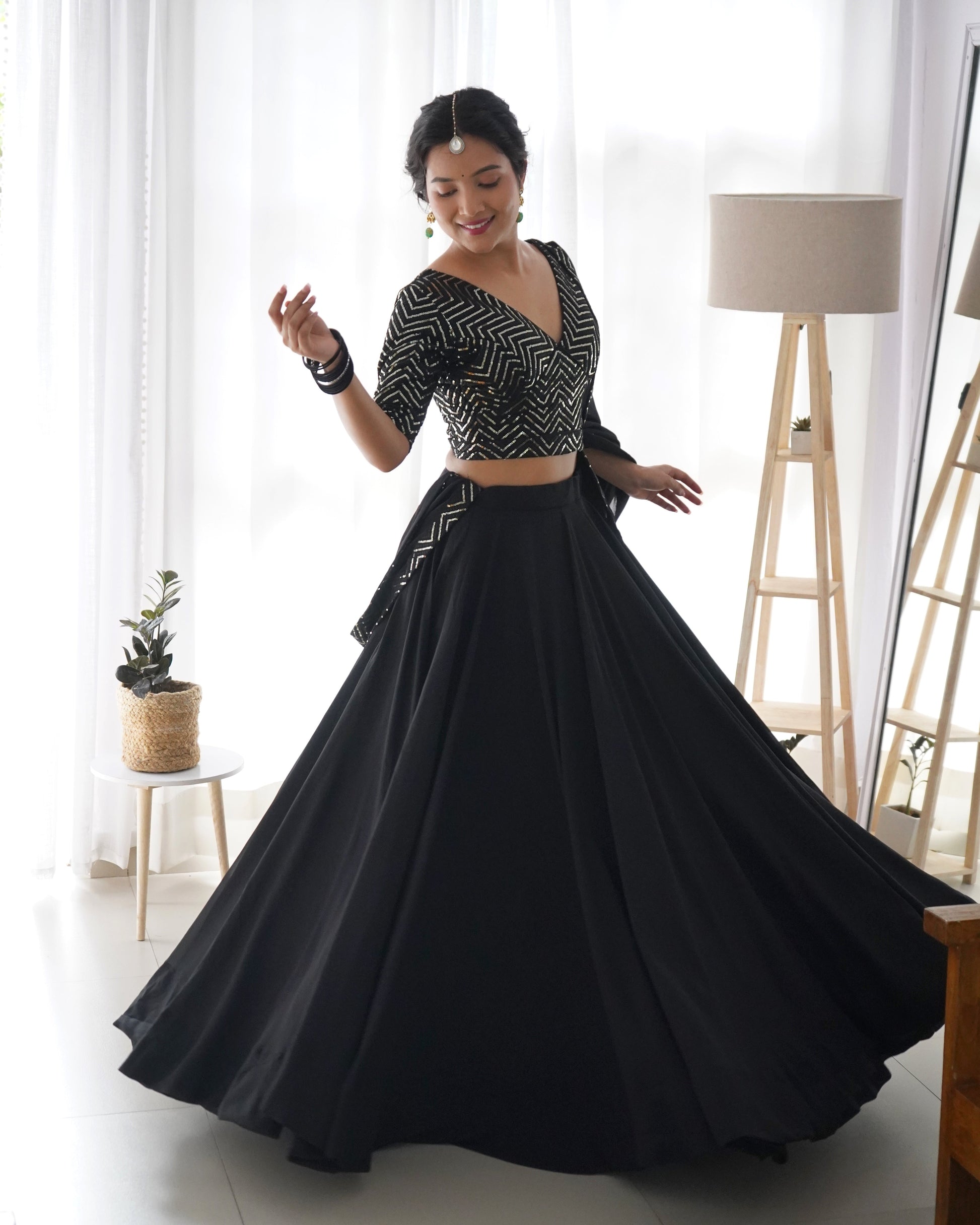 Lorenvalley Black Faux Georgette Plain Micro Cotton Full Inner with Canvas Patta Double Lining Lehenga Choli | Swadesiicart