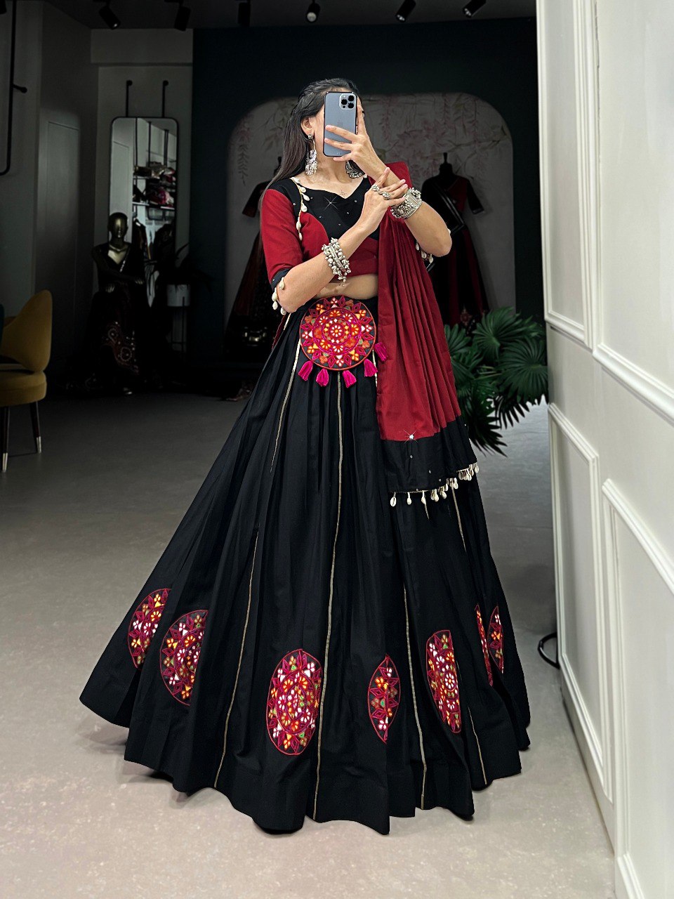 Lorenvalley Pure Black Cotton Plain And Gamthi Patch Work With Gota Patti Lehenga Choli with Dupatta | Swadesiicart