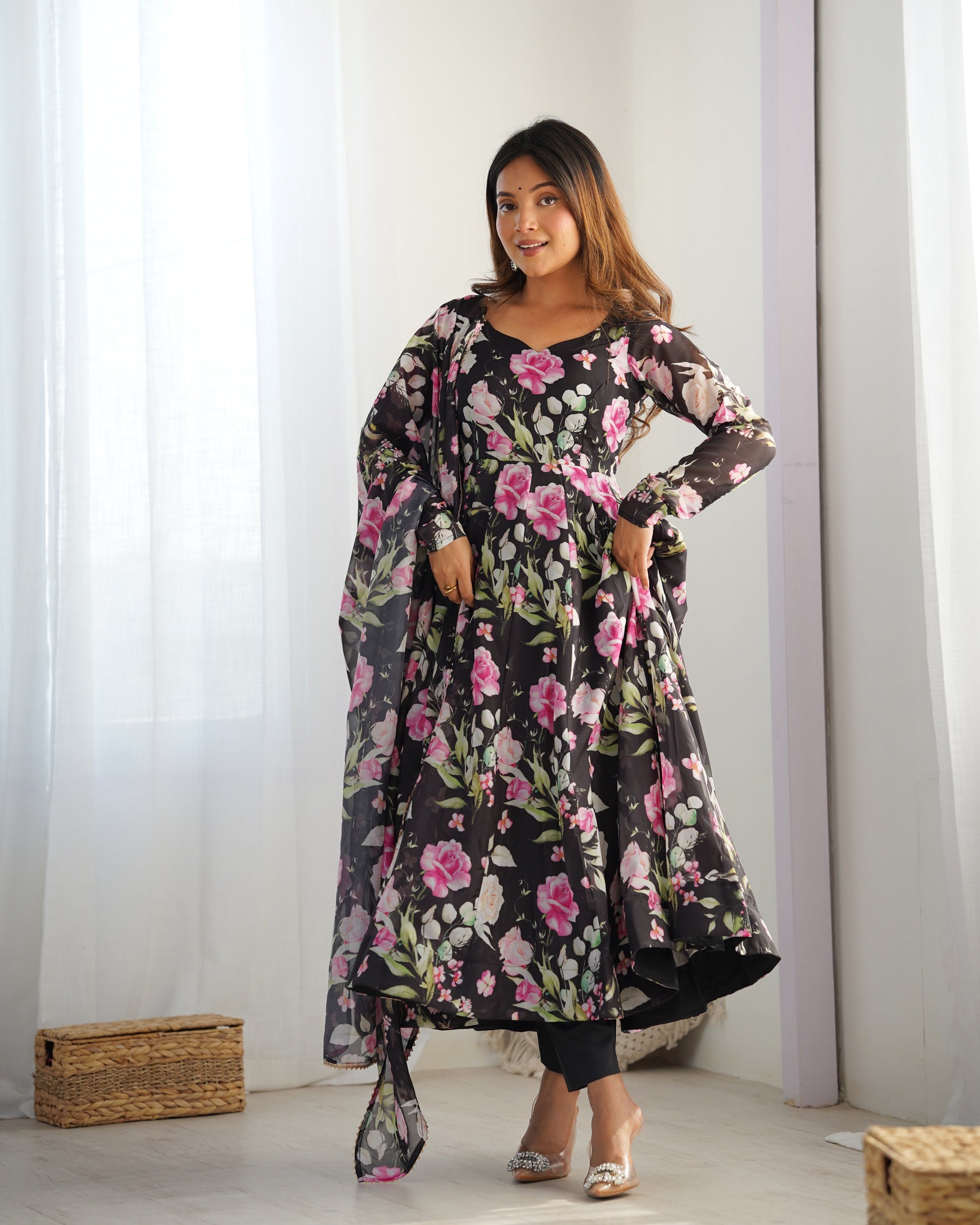 Lorenvalley Soft Organza Silk With Floral Print Fully Flared Anarkali Pant With Dupatta Set - Black | Swadesiicart