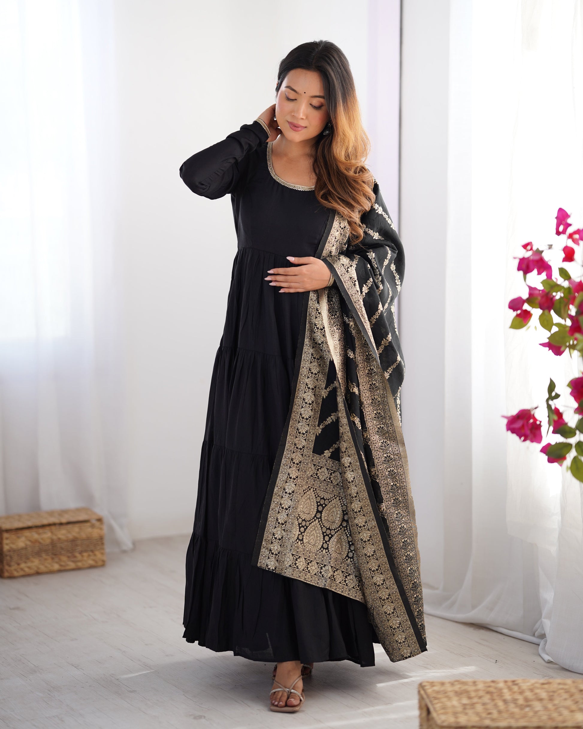 Lorenvalley Women Pure Roman silk Chanderi Fabric Layer Gathering Anarkali Kurta Pant With Dupatta Set | Swadesiicart