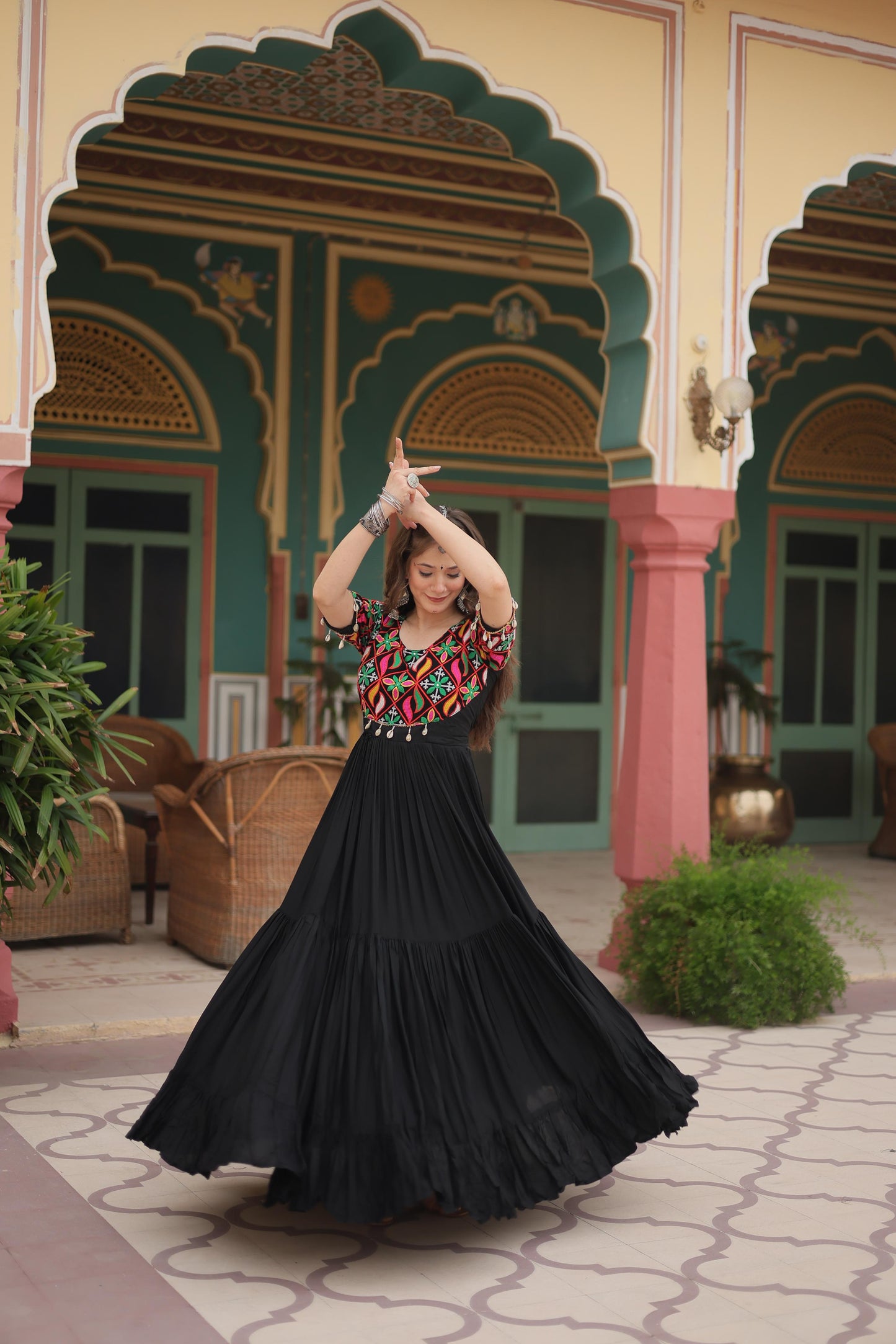 Lorenvalley Black Rayon Fabric with Kutchi Gamthi Kodi work Gown | Swadesiicart