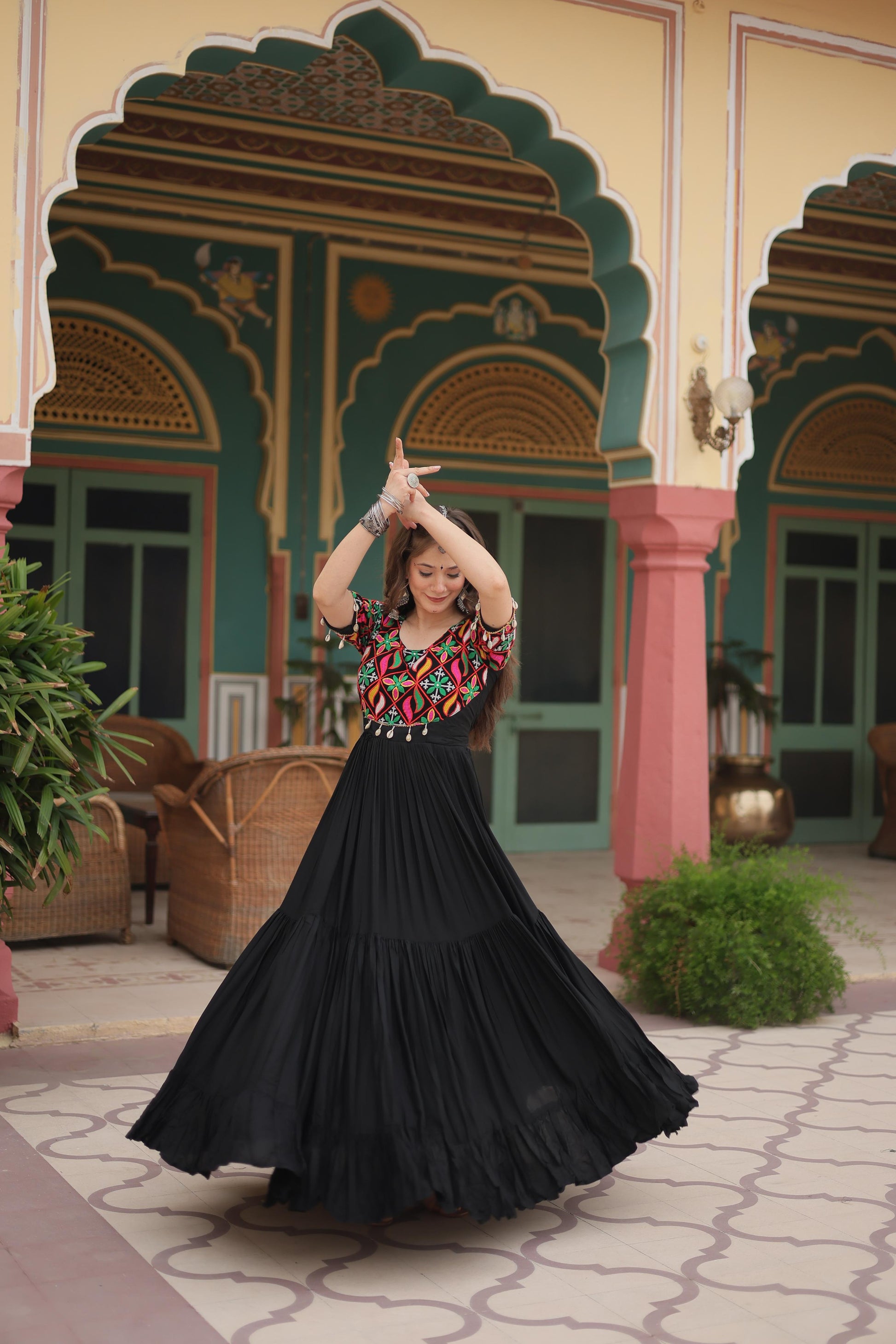 Lorenvalley Black Rayon Fabric with Kutchi Gamthi Kodi work Gown | Swadesiicart