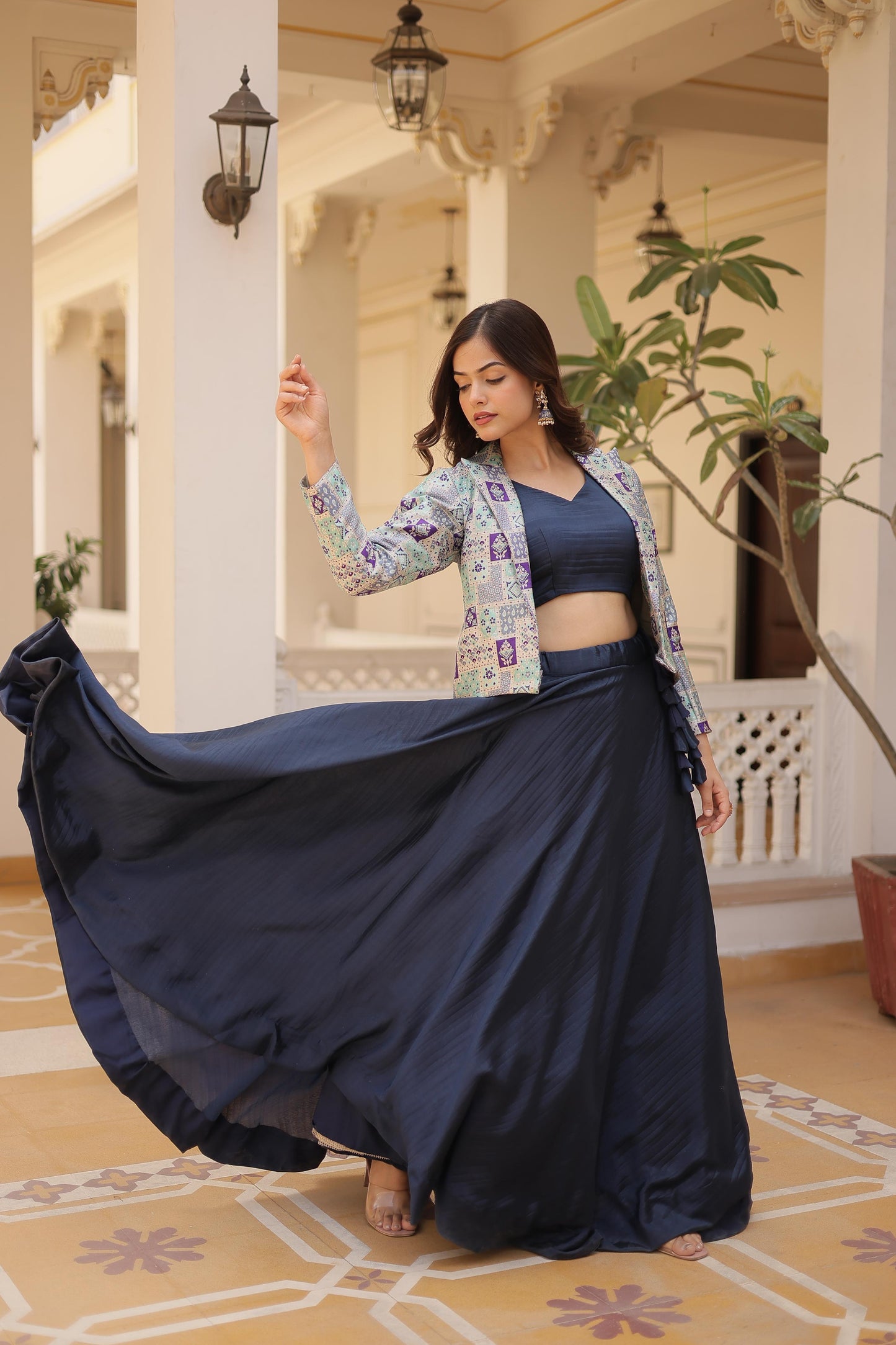 Lorenvalley Black Premium Chinnon Lehenga Choli with Jacquard Woven Design Koti | Swadesiicart