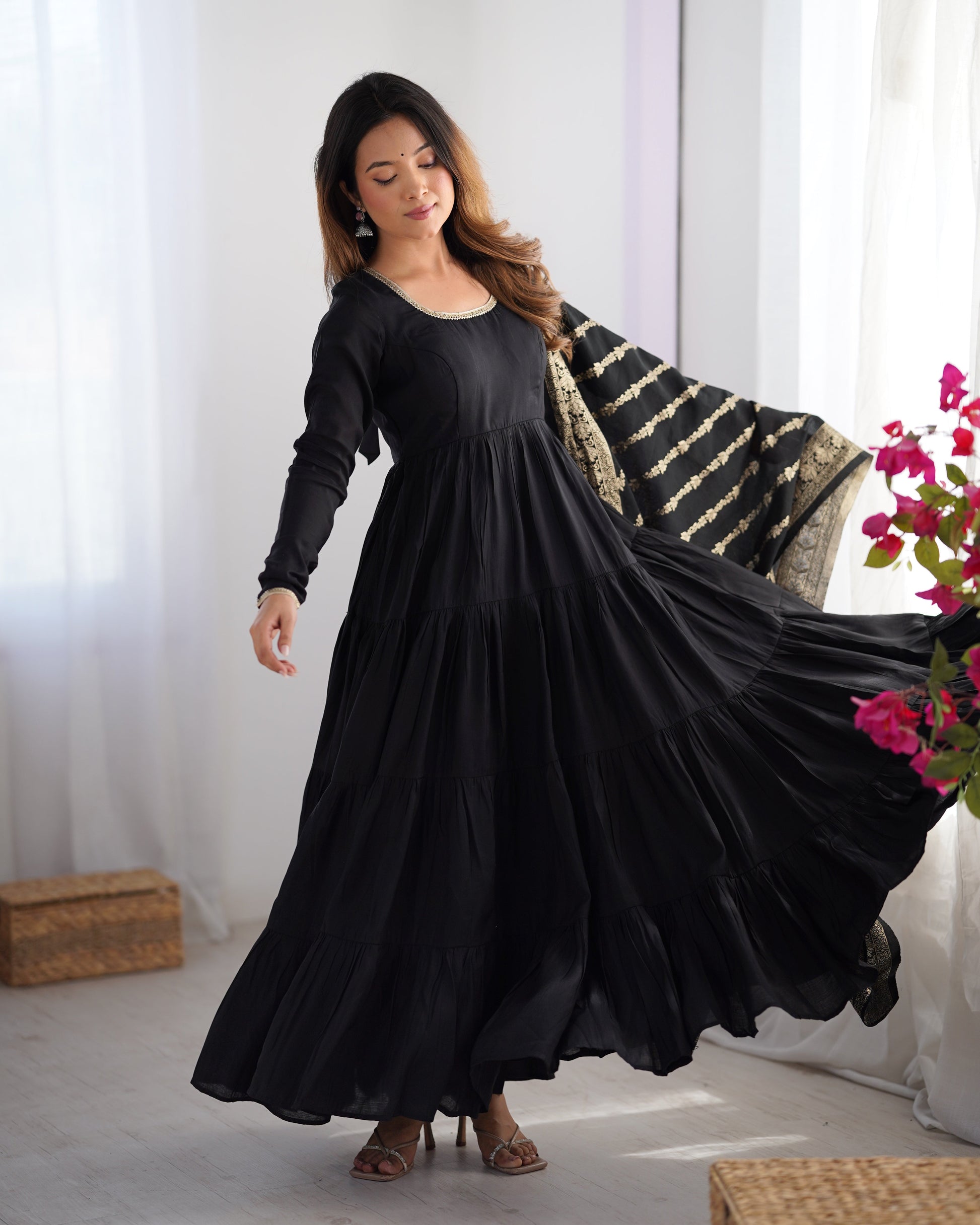 Lorenvalley Women Pure Roman silk Chanderi Fabric Layer Gathering Anarkali Kurta Pant With Dupatta Set | Swadesiicart