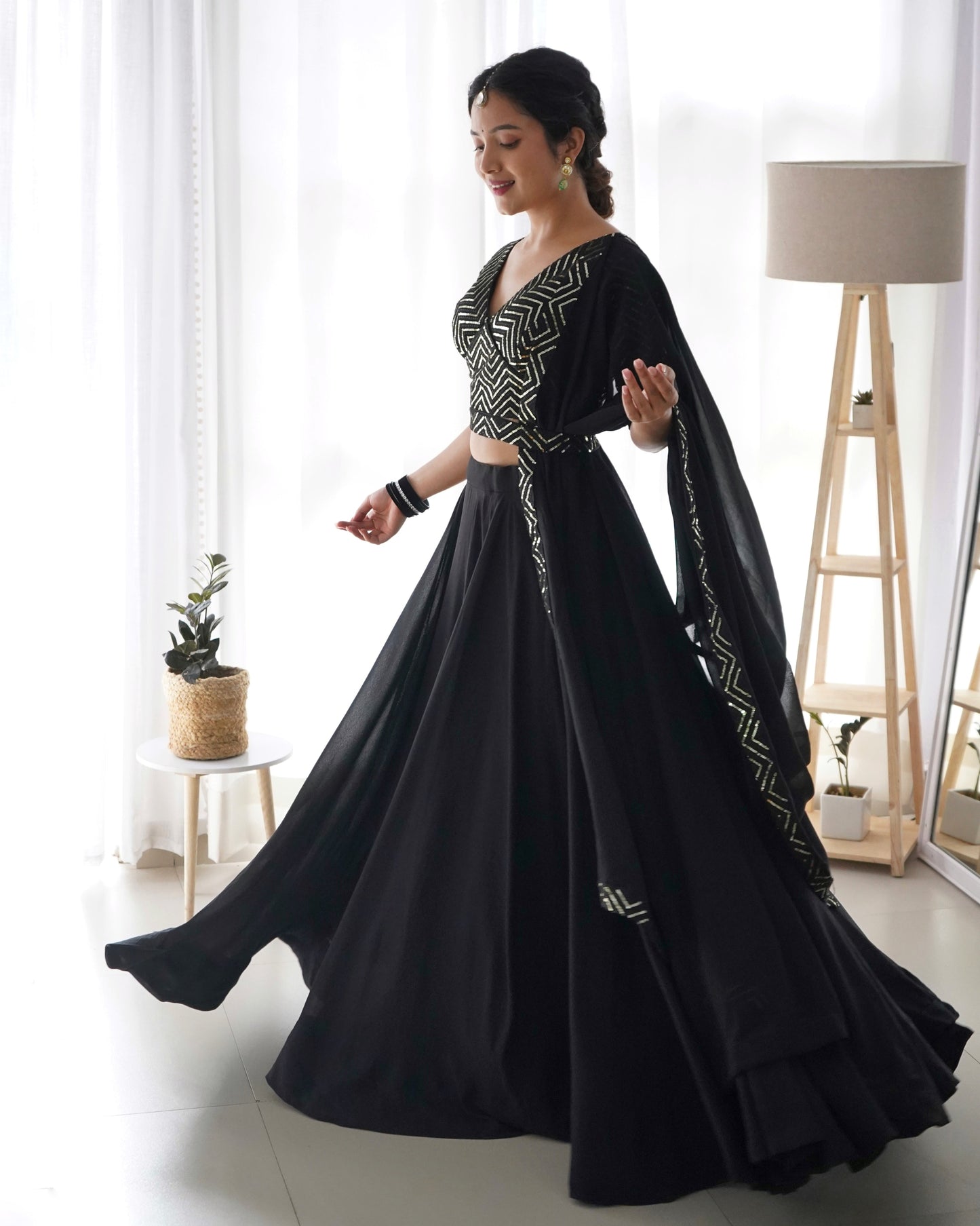 Lorenvalley Black Faux Georgette Plain Micro Cotton Full Inner with Canvas Patta Double Lining Lehenga Choli | Swadesiicart