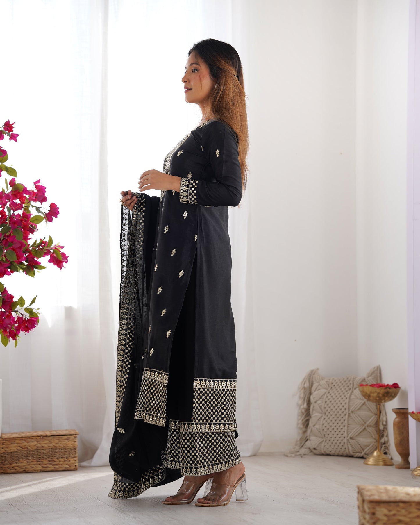 Lorenvalley Black Chinon Silk Embroidery Sequence and Jari Work Kurta Trousers with Dupatta Set | Swadesiicart