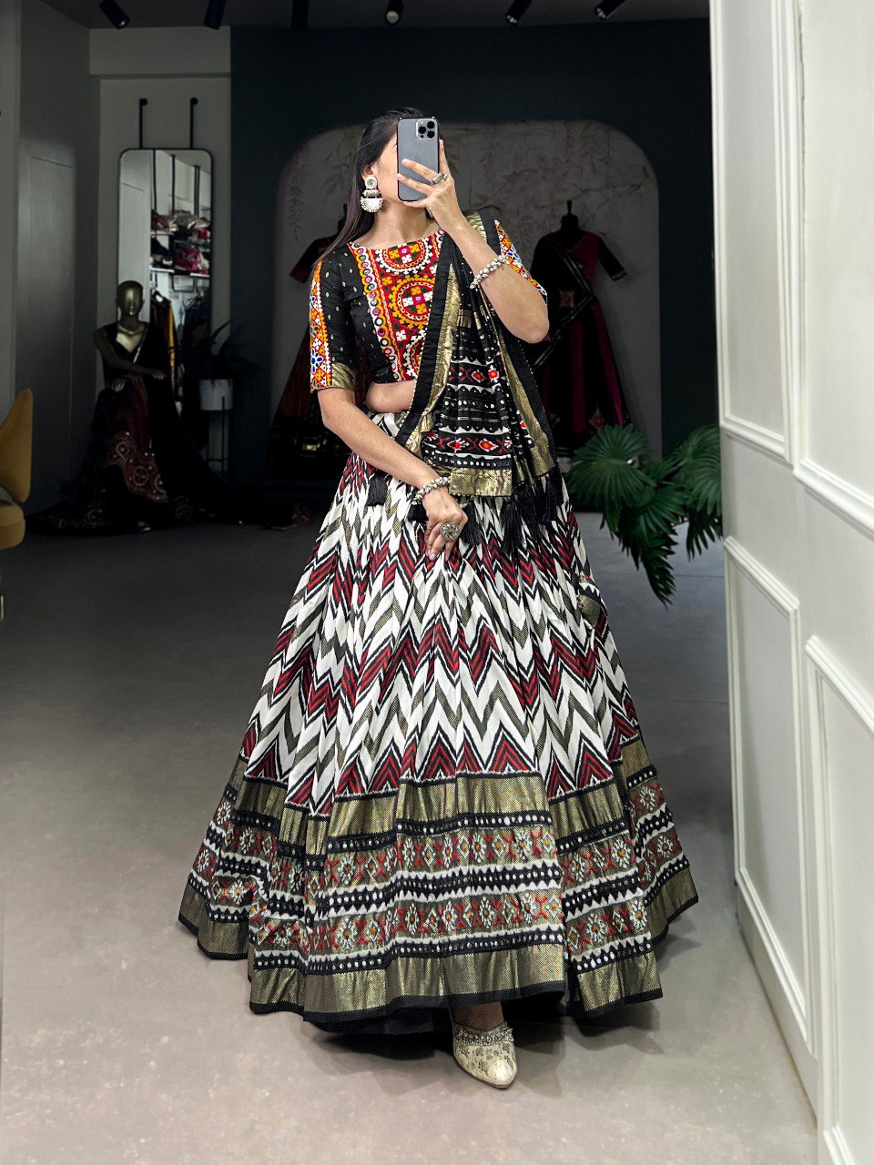 Lorenvalley Tussar Silk Black Leheriya Print with Foil Print and Paper Mirror Work Lace Lehenga Choli with Dupatta | Swadesiicart