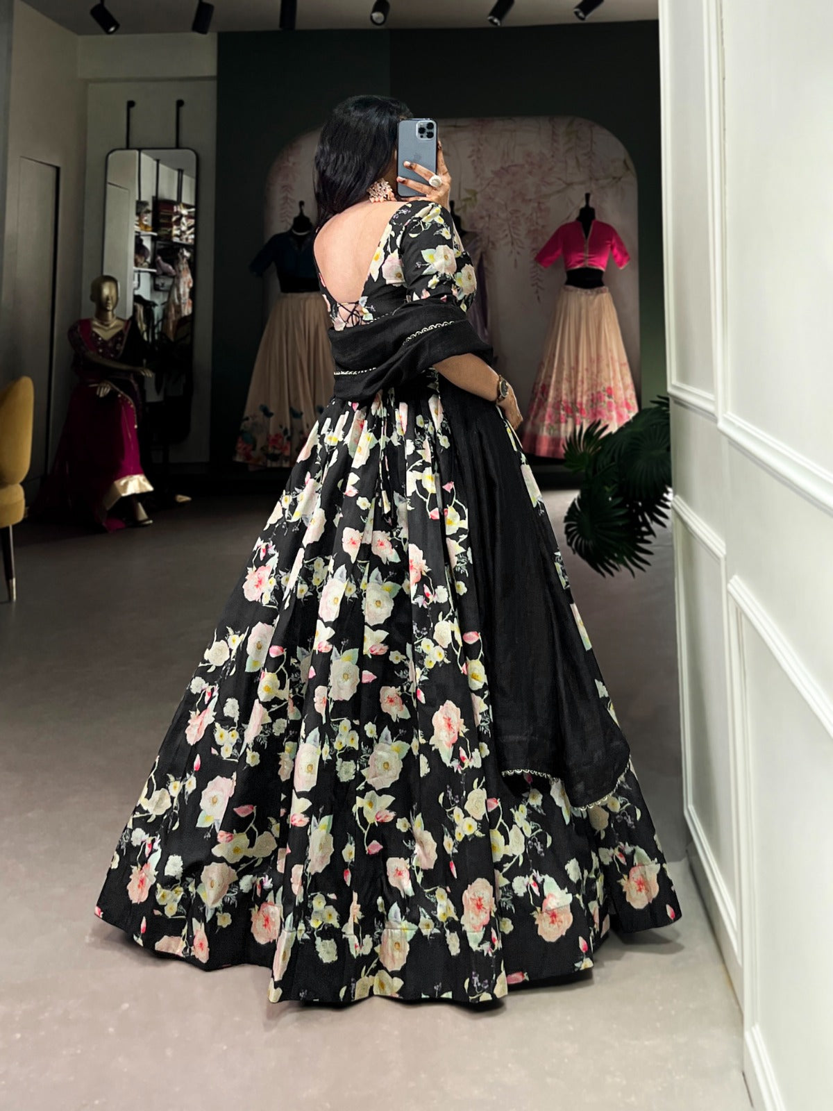 Lorenvalley Black Tussar Silk Floral Printed Lehenga Choli | Swadesiicart