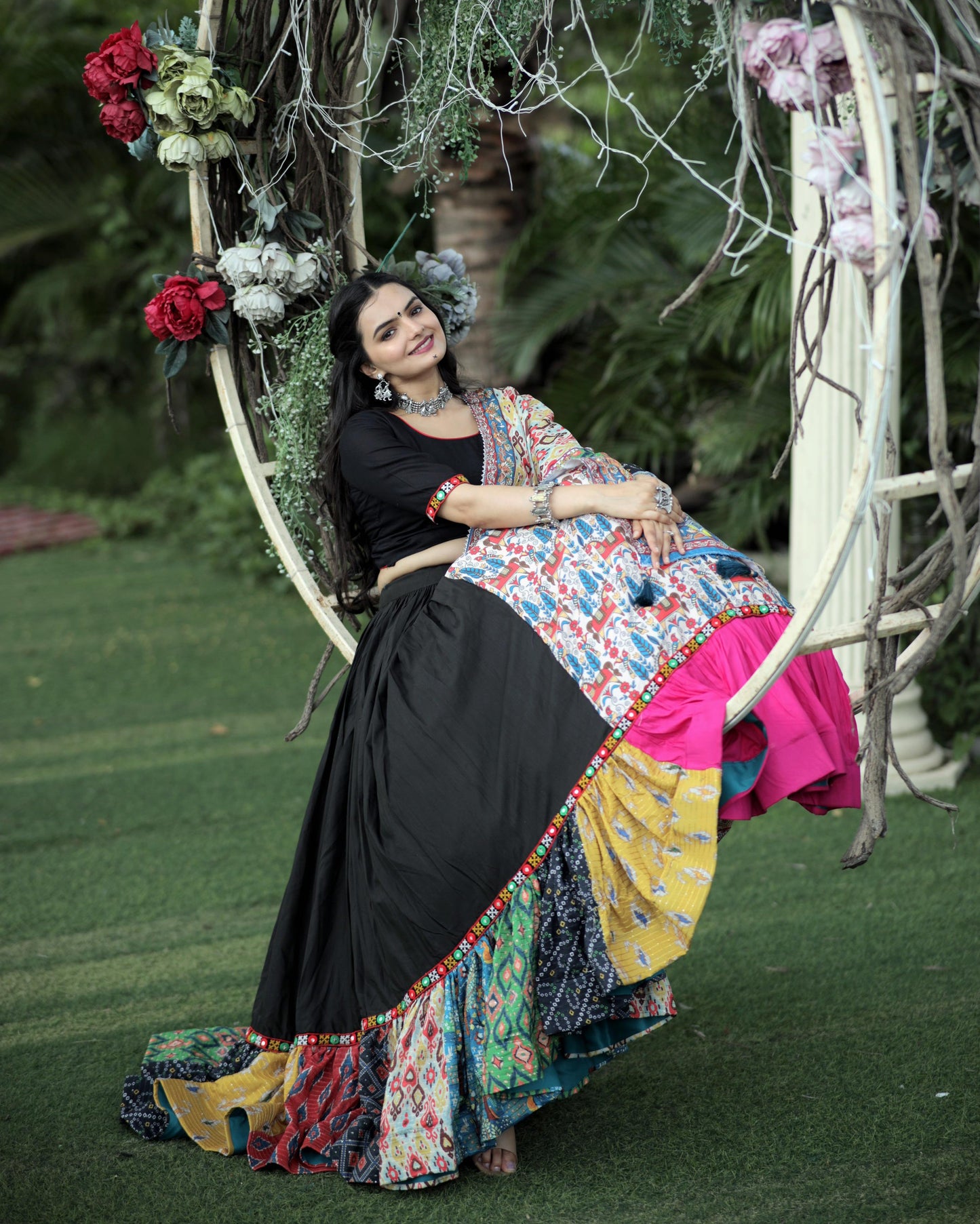 Lorenvalley Black Premium Rayon Lehenga with Choli with Digital Printed with Gotta Patti Lace Border Dupatta Set | Swadesiicart