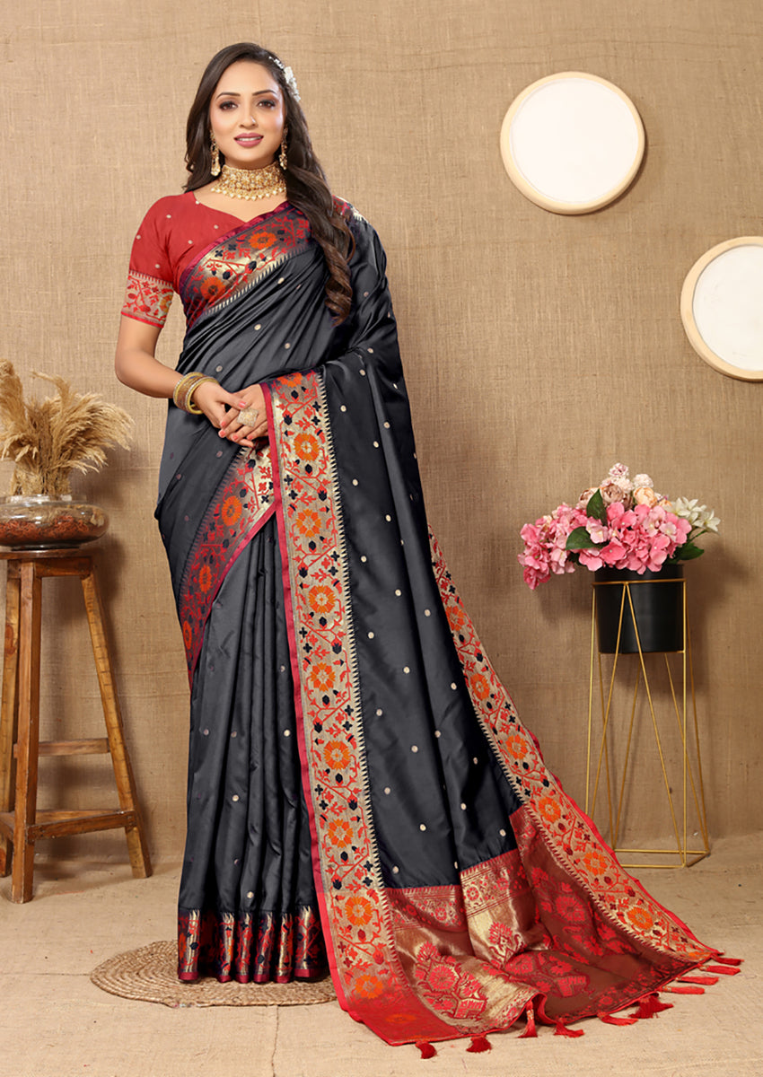 Lorenvalley Fashion Black Soft Paithani Silk Woven Design Rich Meenakari Zari Weaving Pallu Saree - Swadesiicart
