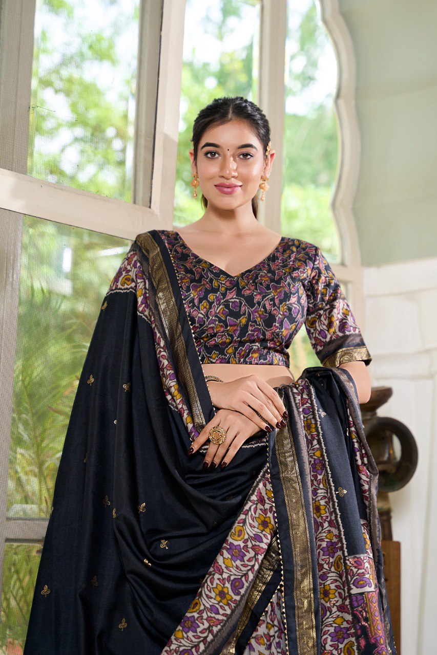 Lorenvalley Black Tussar Silk Floral Print with Foil Print Lehenga Choli with Dupatta | Swadesiicart
