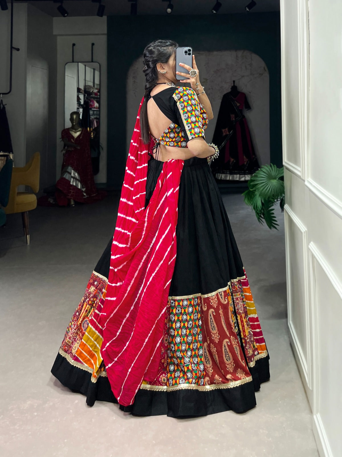 Lorenvalley Black Pure Rayon with Plain And Printed With Original Mirror Gamthi Work And Lace Touch Up Lehenga Choli | Swadesiicart