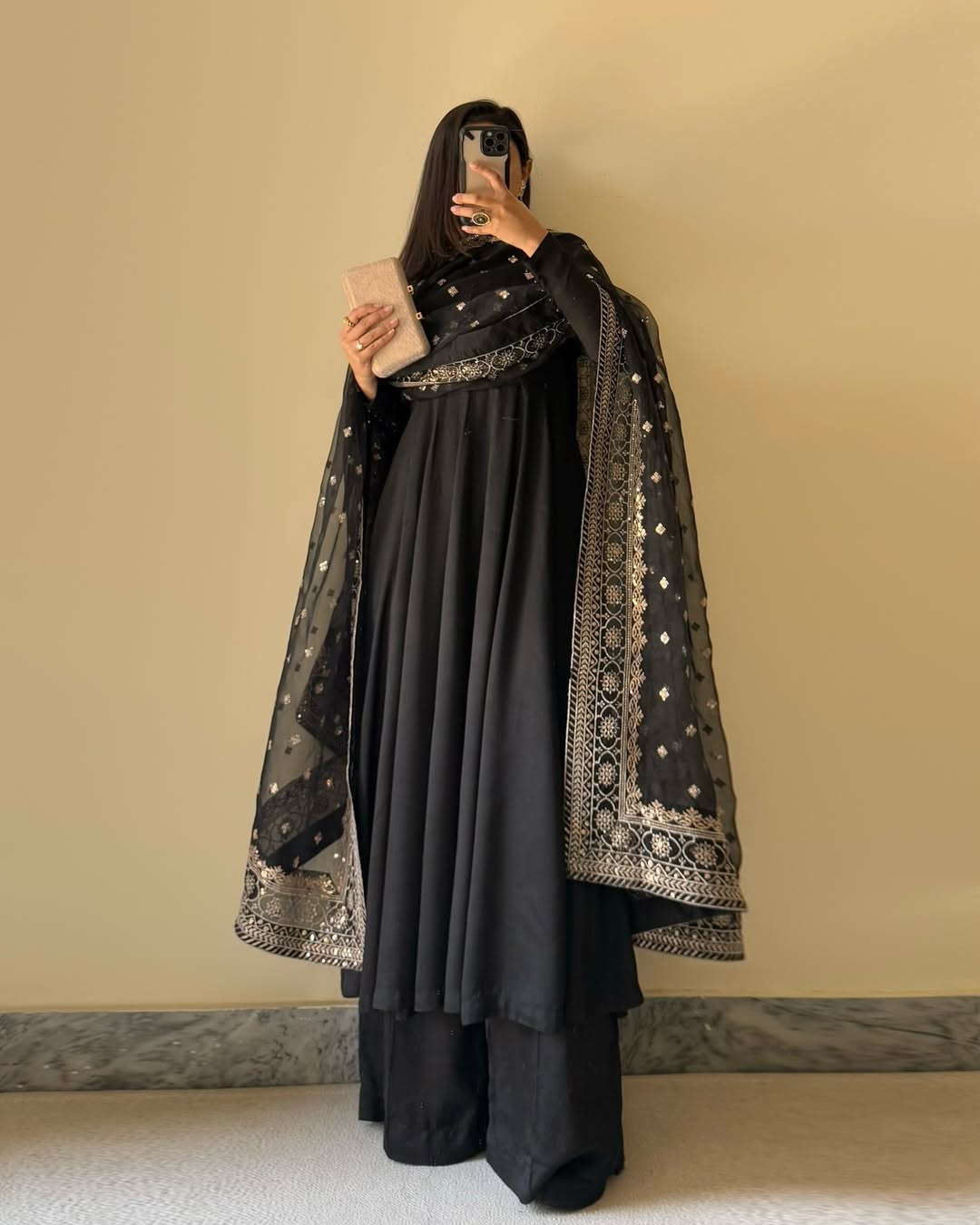 Lorenvalley Black Faux Georgette Yoke and Sleeve Potli Button Work Kurta Palazzo With Dupatta Set | Swadesiicart