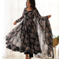 Lorenvalley Pure Faux Georgette Multi Floral Print Fully Flared Anarkali Pant With Dupatta Set - Black | Swadesiicart