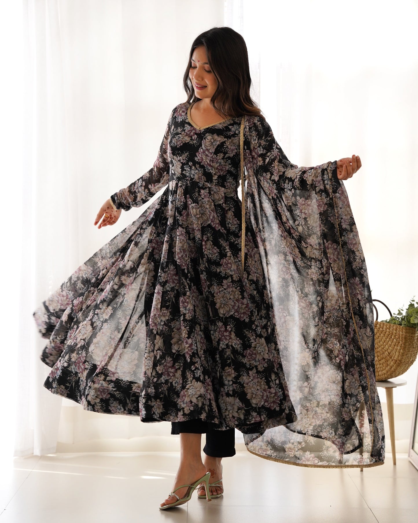 Lorenvalley Pure Faux Georgette Multi Floral Print Fully Flared Anarkali Pant With Dupatta Set - Black | Swadesiicart
