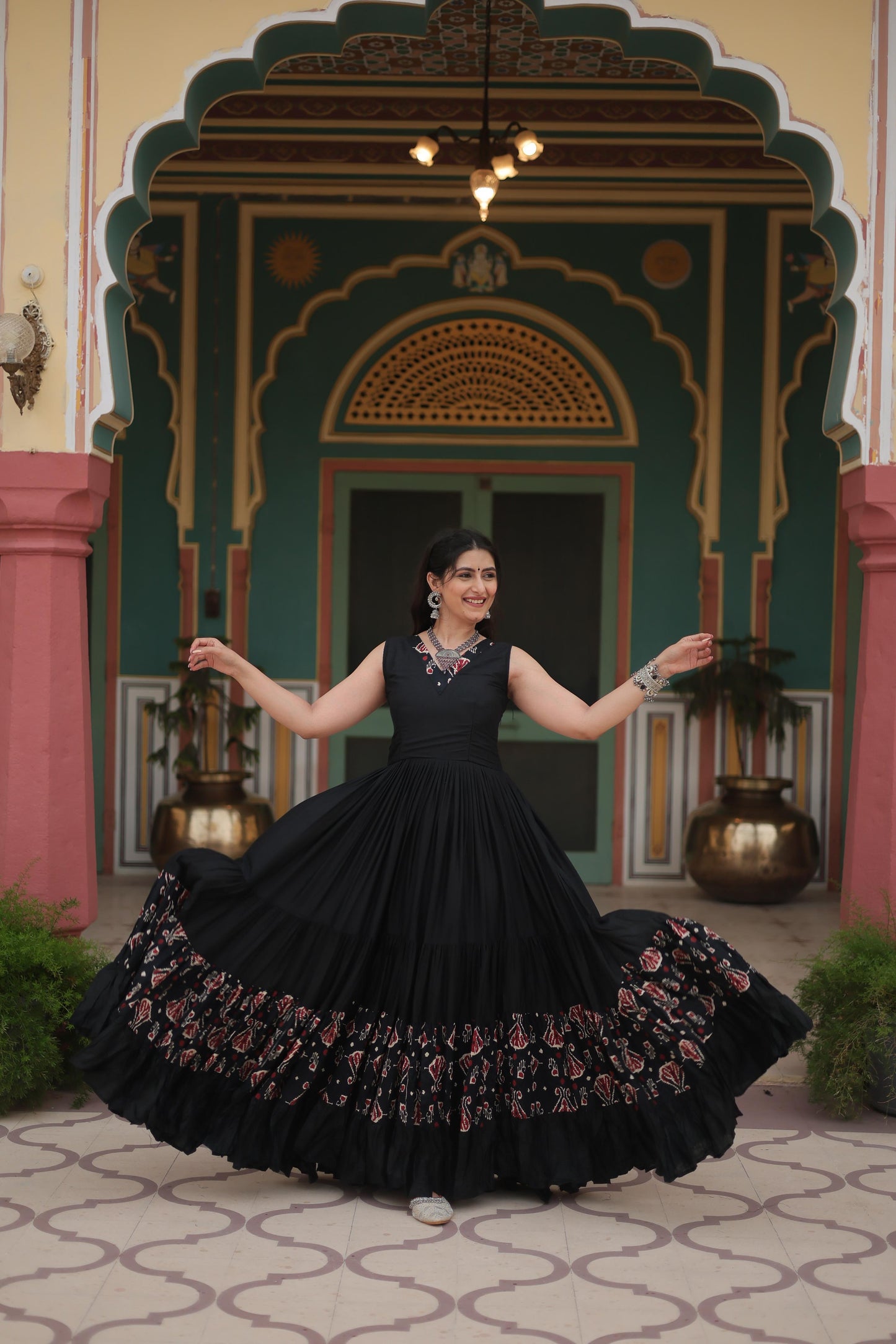 Lorenvalley Black Rayon Fabric with Printed Attached In Frill And Neck Gown | Swadesiicart