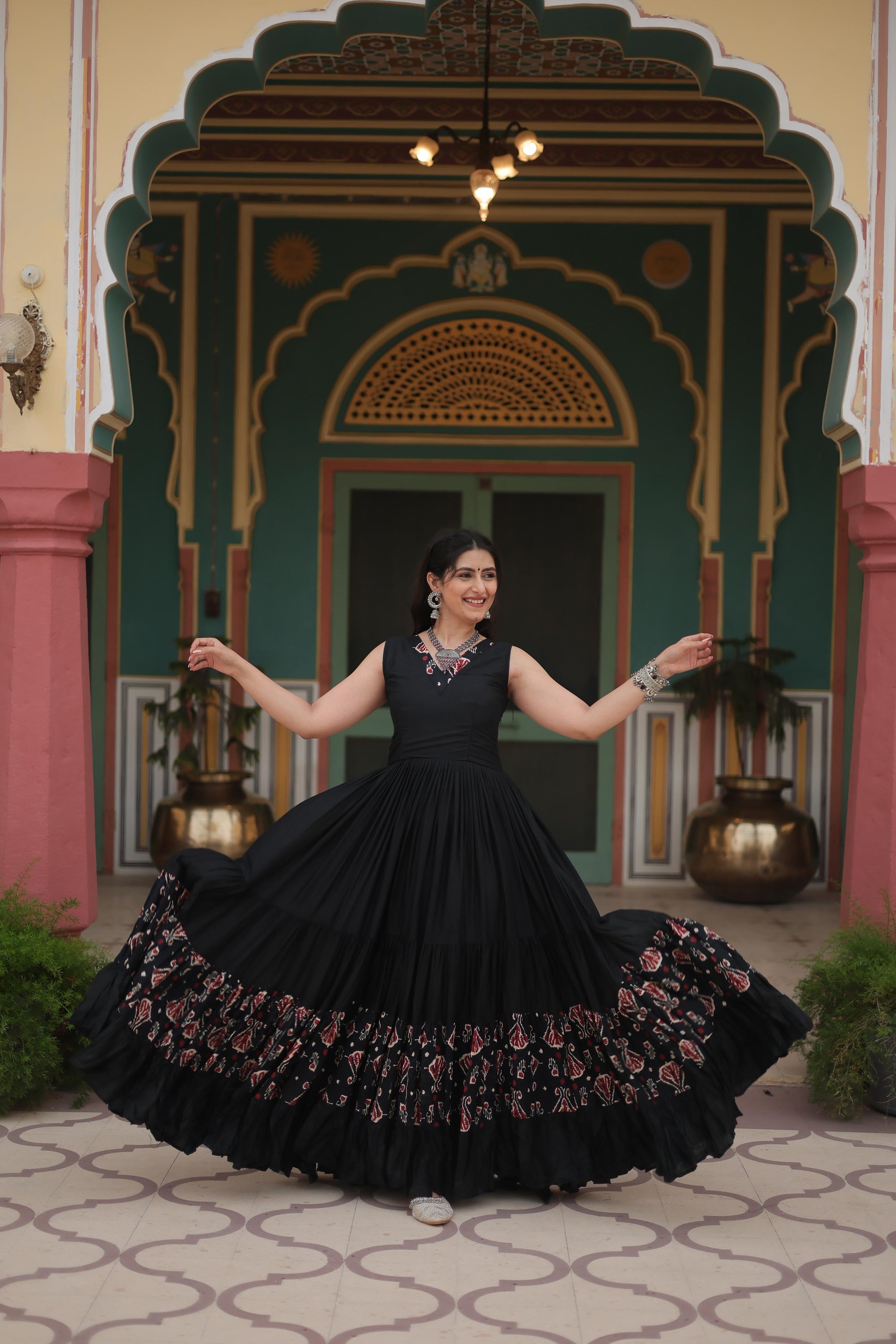 Lorenvalley Black Rayon Fabric with Printed Attached In Frill And Neck Gown | Swadesiicart
