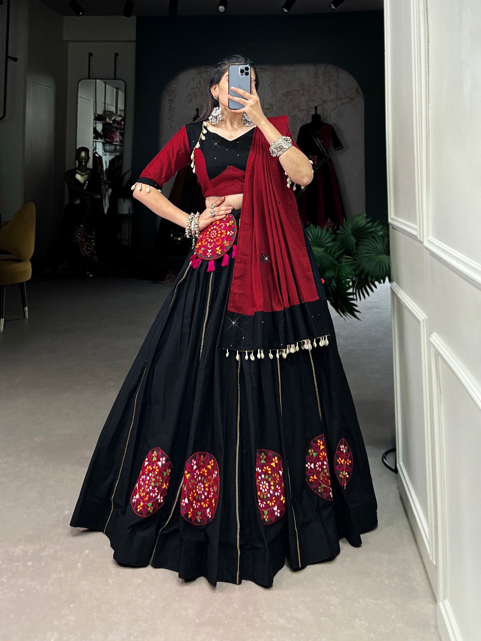 Lorenvalley Black Pure Cotton Plain And Gamthi Patch Work With Gota Patti Lehenga Choli with Dupatta | Swadesiicart