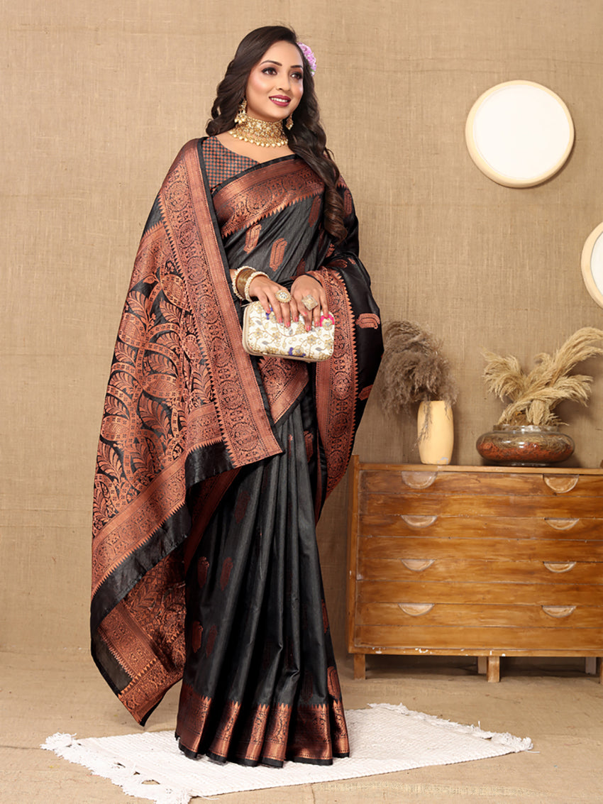 Lorenvalley Fashion Black Soft Katan Silk Woven Design Copper Zari Weaving Saree - Swadesiicart