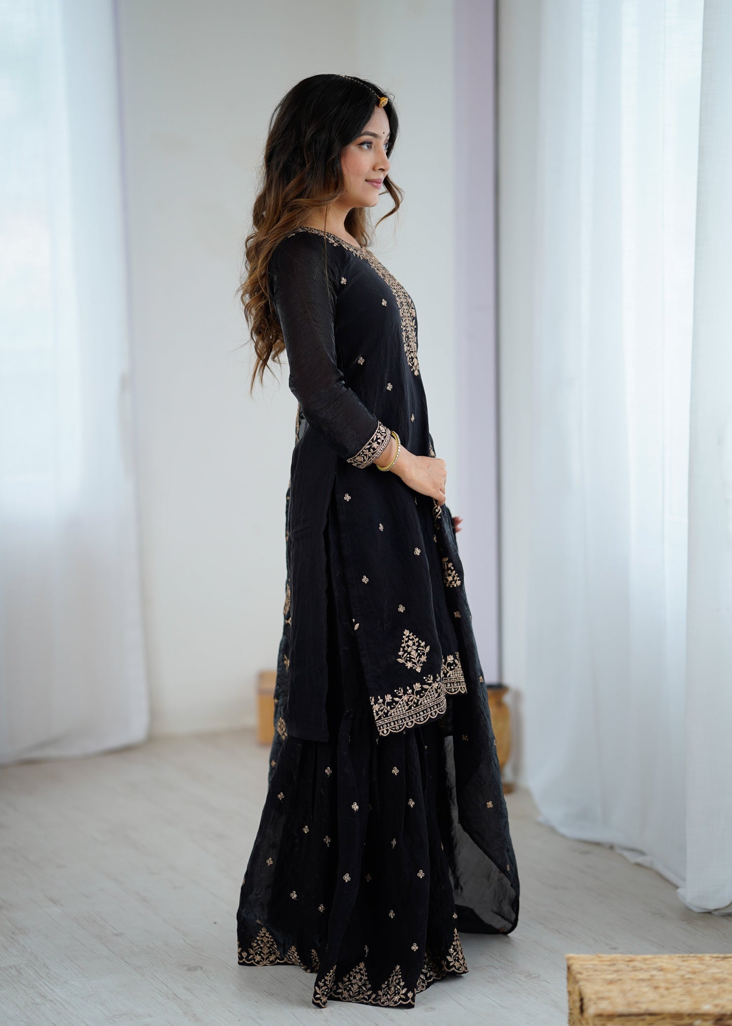 Lorenvalley Black Soft Crunchy Silk with Embroidery Sequence and Jari Work Kurta Palazzo with Dupatta | Swadesiicart