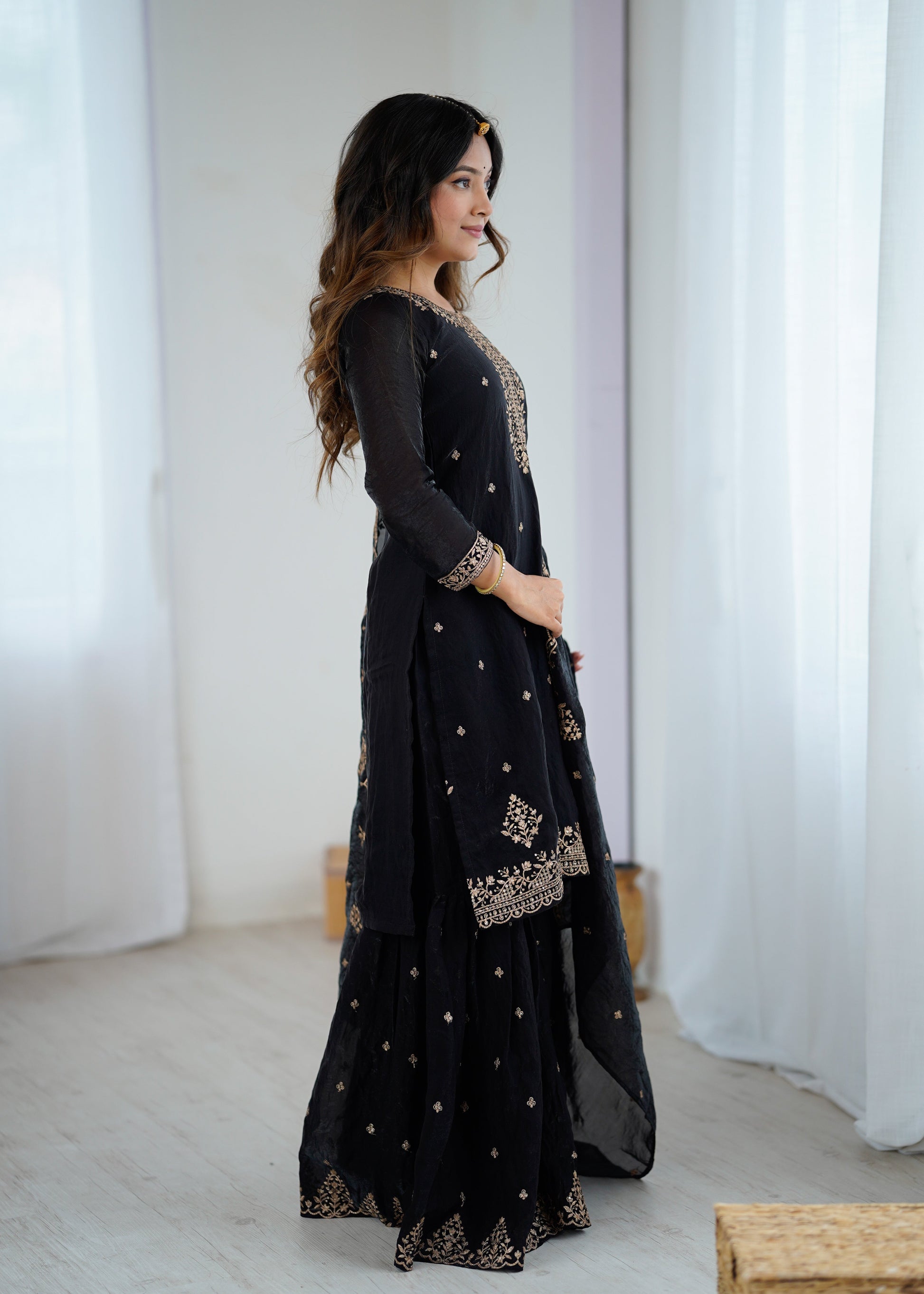 Lorenvalley Black Soft Crunchy Silk with Embroidery Sequence and Jari Work Kurta Palazzo with Dupatta | Swadesiicart