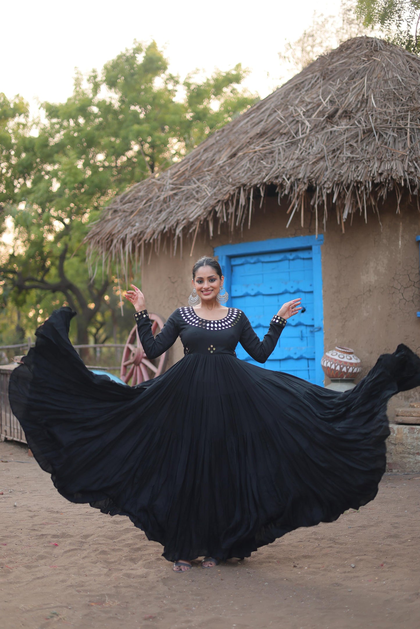 Lorenvalley Black Rayon Fabric With Real Mirror Work Gown | Swadesiicart