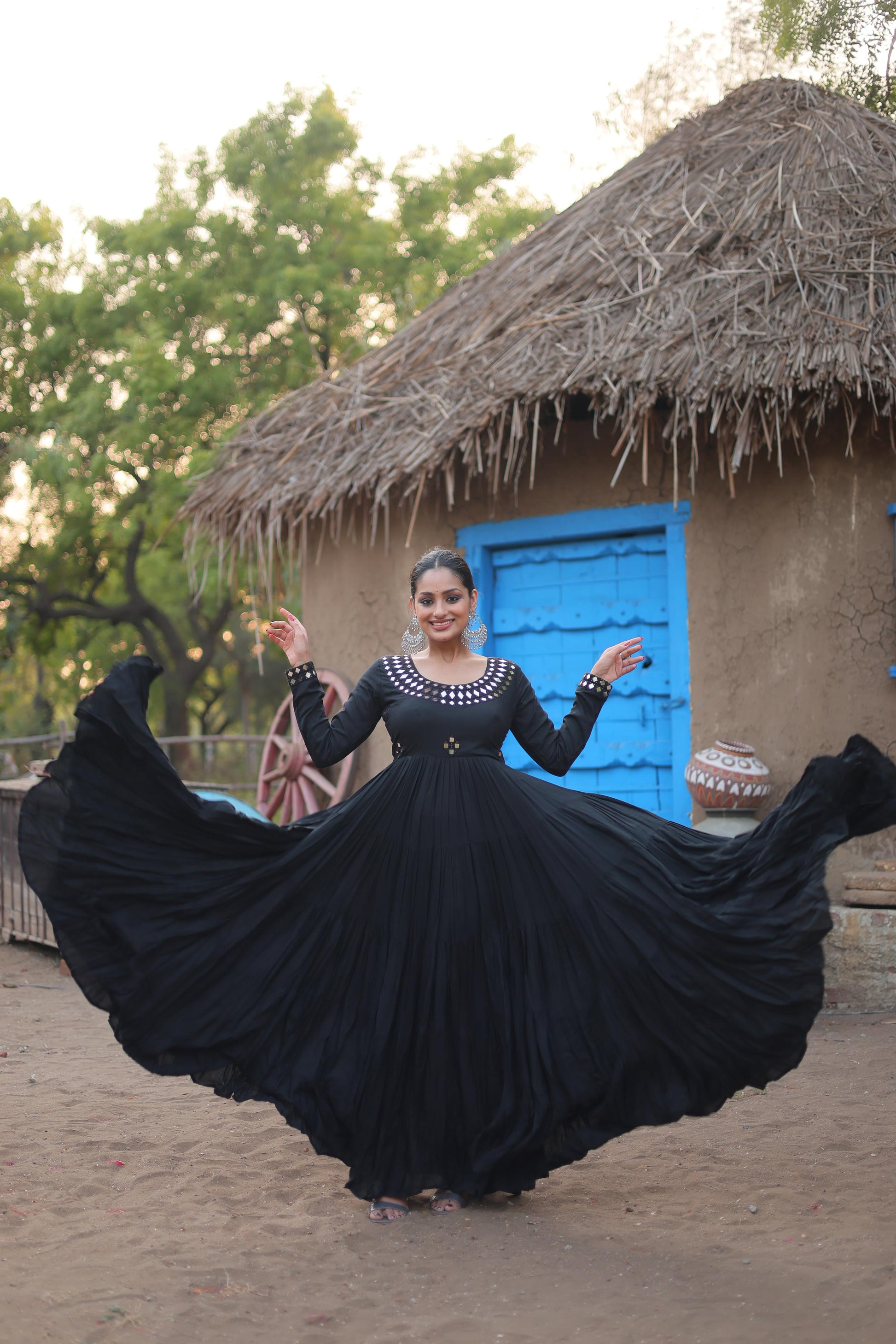 Lorenvalley Black Rayon Fabric With Real Mirror Work Gown | Swadesiicart