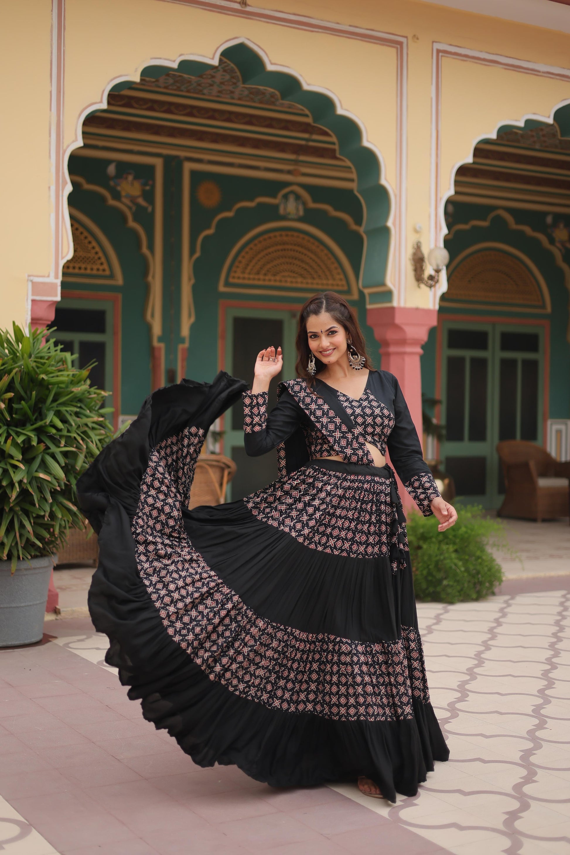 Lorenvalley Black Printed Rayon Navratri Collection Lehenga Choli with Dupatta | Swadesiicart